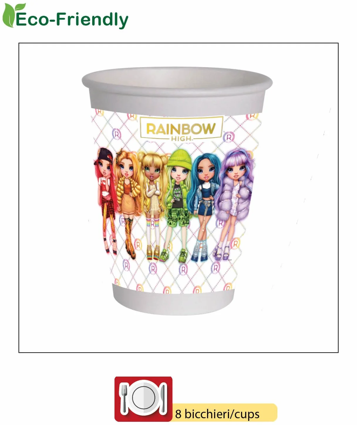 Ciao AZ025 Rainbow High Zawartość 8 naczyń Ø18cm 8 szklanek 200ml 20 serwetek 33x33cm