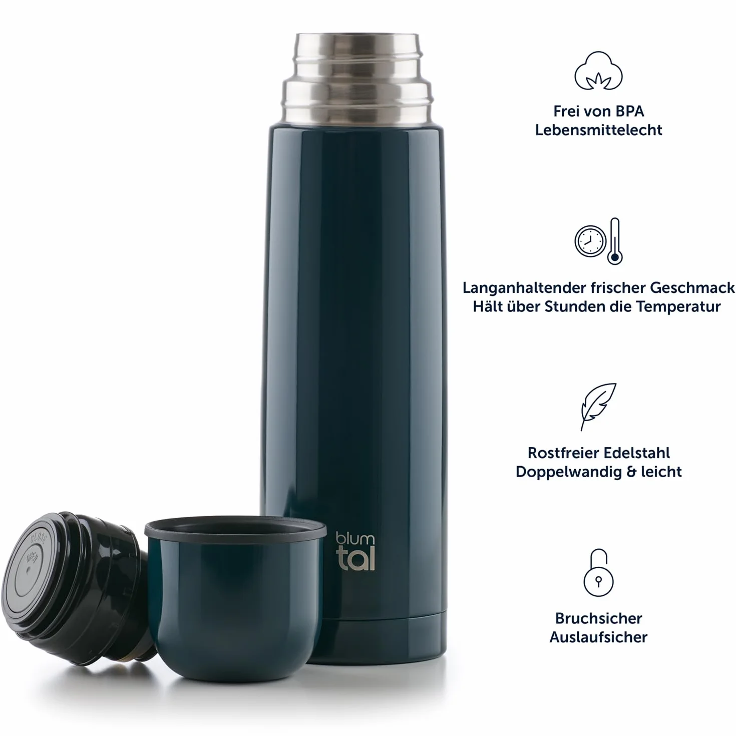 Blumtal®termos 700 ml – bez BPA, dla ciepłych i zimnych napojów, szczelna izolacyjna butelka z nierdzewnej stali – termos z kubkiem