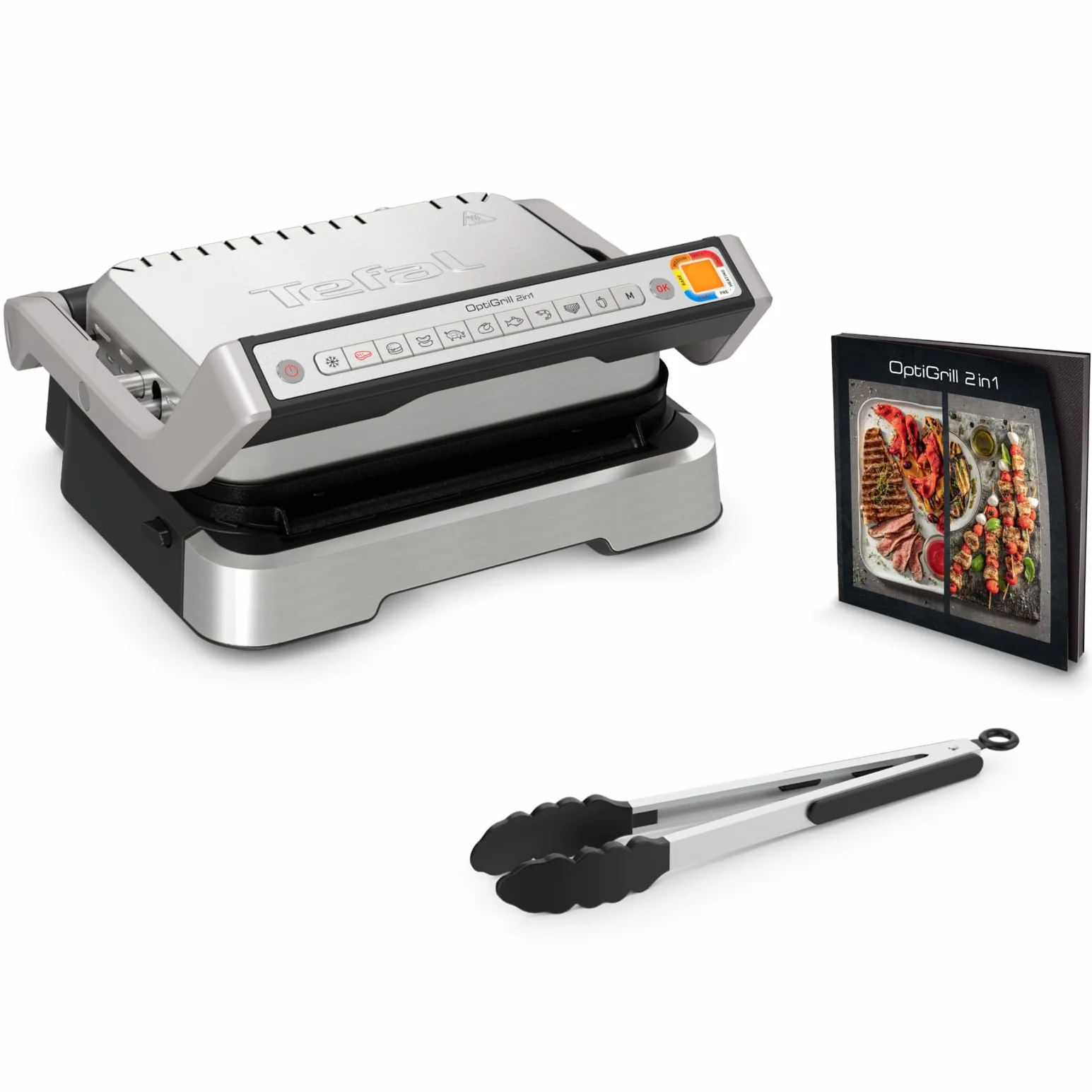 TEFAL GC773D OptiGrill 2w1 Grill Kontaktowy, Składany, Grill Stołowy, 9 Programów, Wskaźnik Poziomu Gotowania, Szczypce, Zdejmowane Płyty