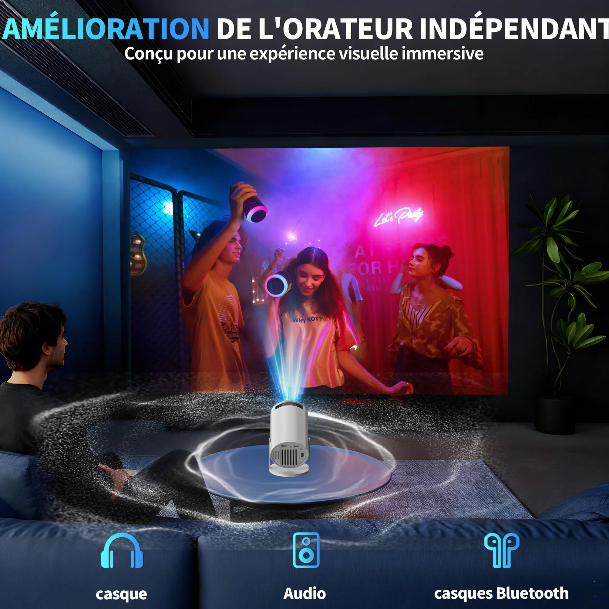 Mini projektor wideo 1080P z WiFi 6 BT 5.4, przenośny projektor 4K z telewizorem Android TV, obsługiwany projektor wideo do automatycznej korekcji trapezowej, obrót o 270°, z myszą, biały