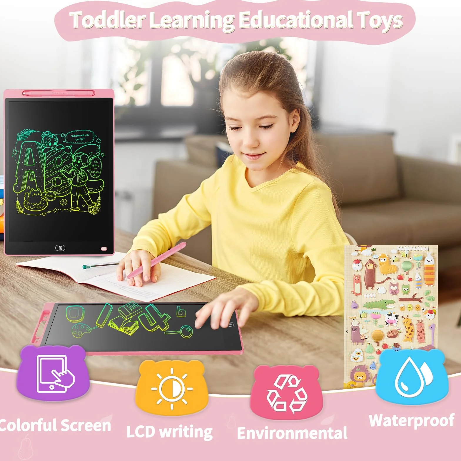 Genialba Tablica do Pisania LCD 10 Cali Kolorowa, Tablet Elektroniczny Rysowania Ekranu, Educational Zabawki Prezenty dla 2 3 4 5 lat Starych Chłopców Dziewczyny, Urodziny Bożego Narodzenia(Różowy)