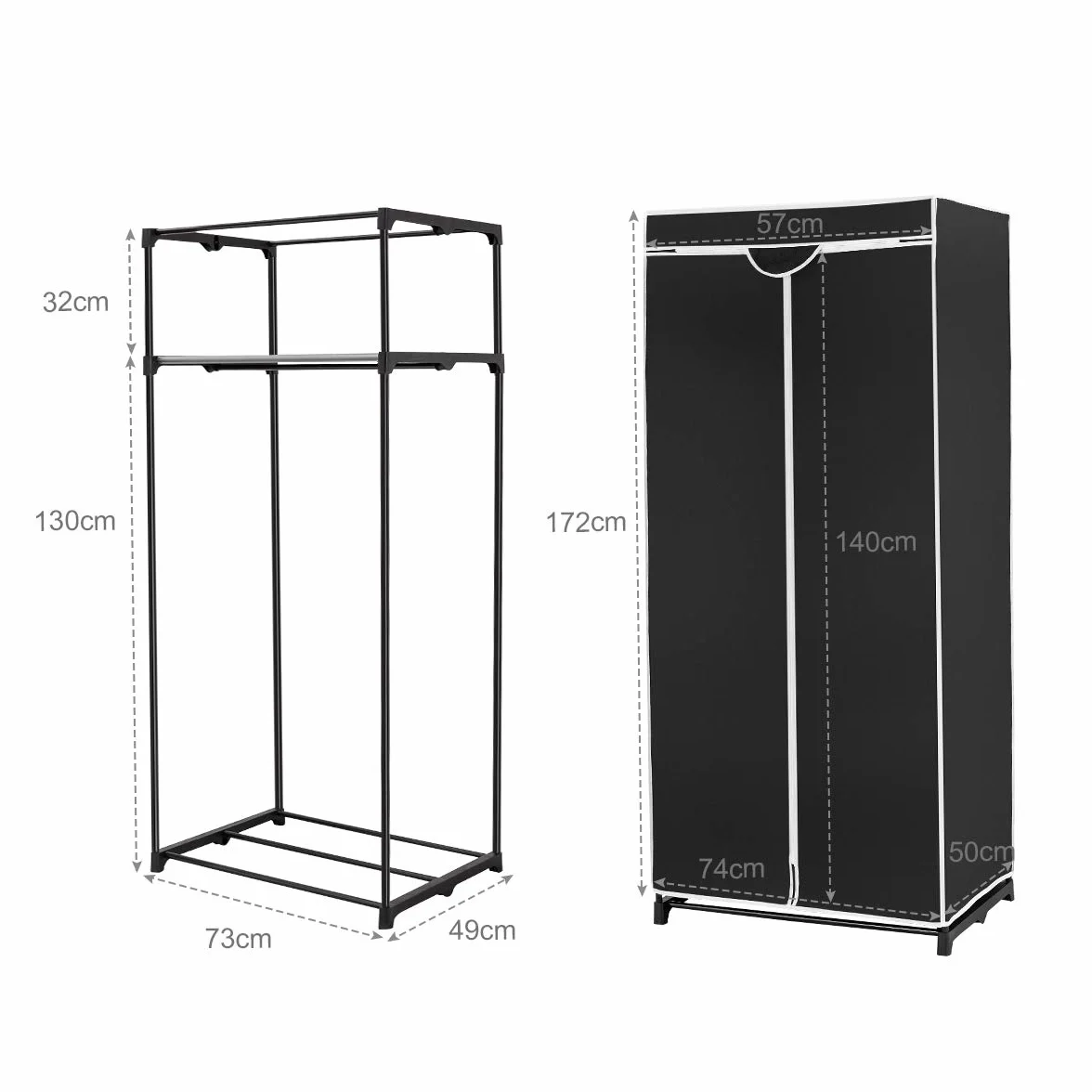 GIANTEX Szafa na ubrania z materiału z drążkiem na ubrania i półką, składana szafa 74 x 50 x 172 cm, wieszak na ubrania, metalowy stelaż z osłoną przeciwpyłową, do sypialni, garderoby (czarna)