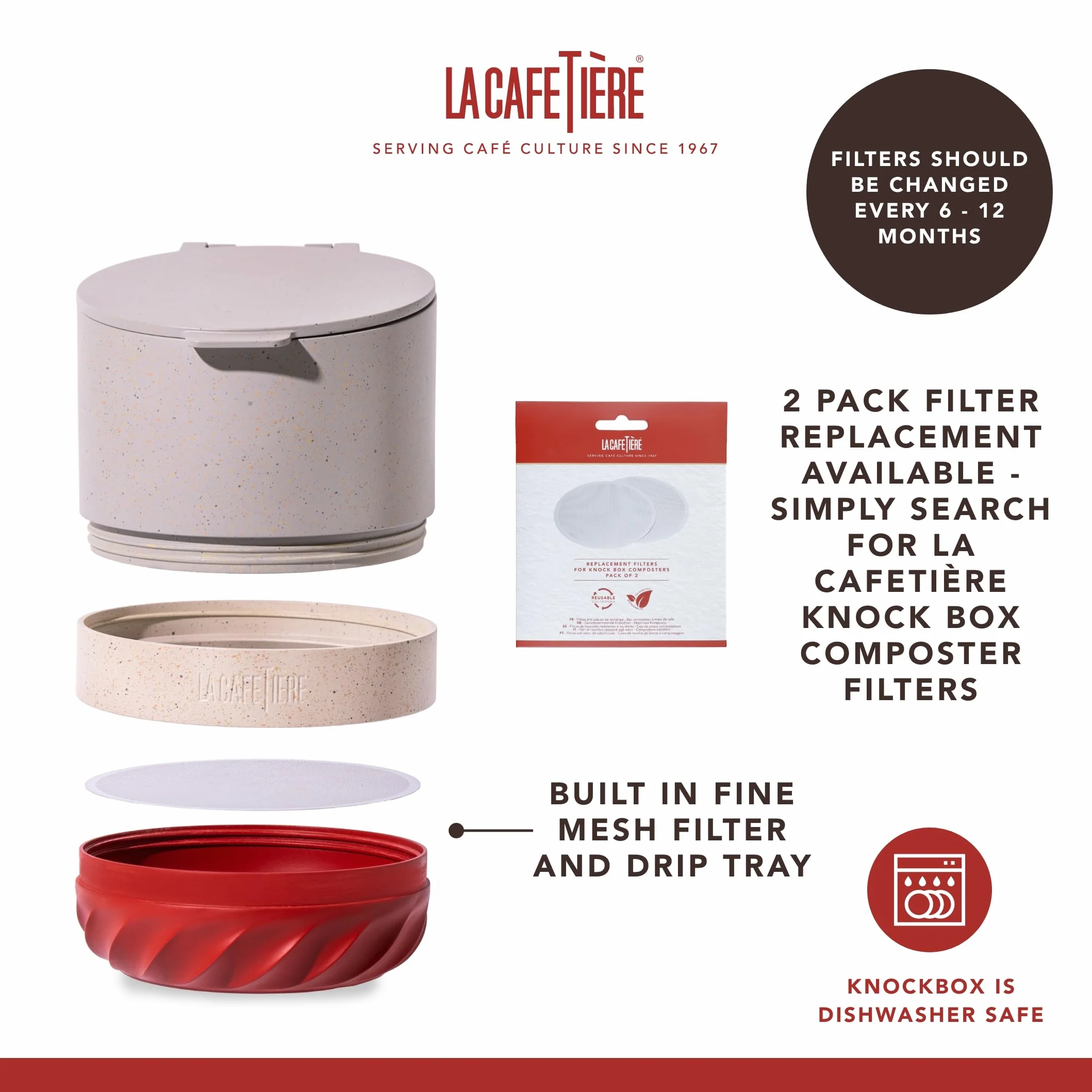 La Cafetière Renew Kompostownik i pojemnik na fusy, pojemnik na fusy z espresso o pojemności 750 ml z wyjmowaną listwą uderzeniową i antypoślizgową podstawą