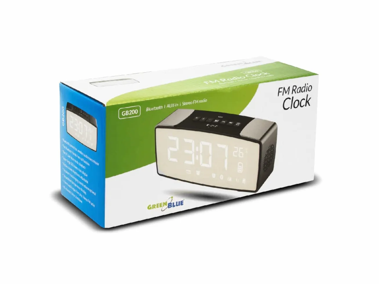 Green Blue GB200 radio z zegarkiem, radio z wyświetlaczem lustrzanym, termometrem, AUX-IN, czytnik kart SD, podwójny alarm, funkcja drzemki, 2200 mAh, UKW (czarny)
