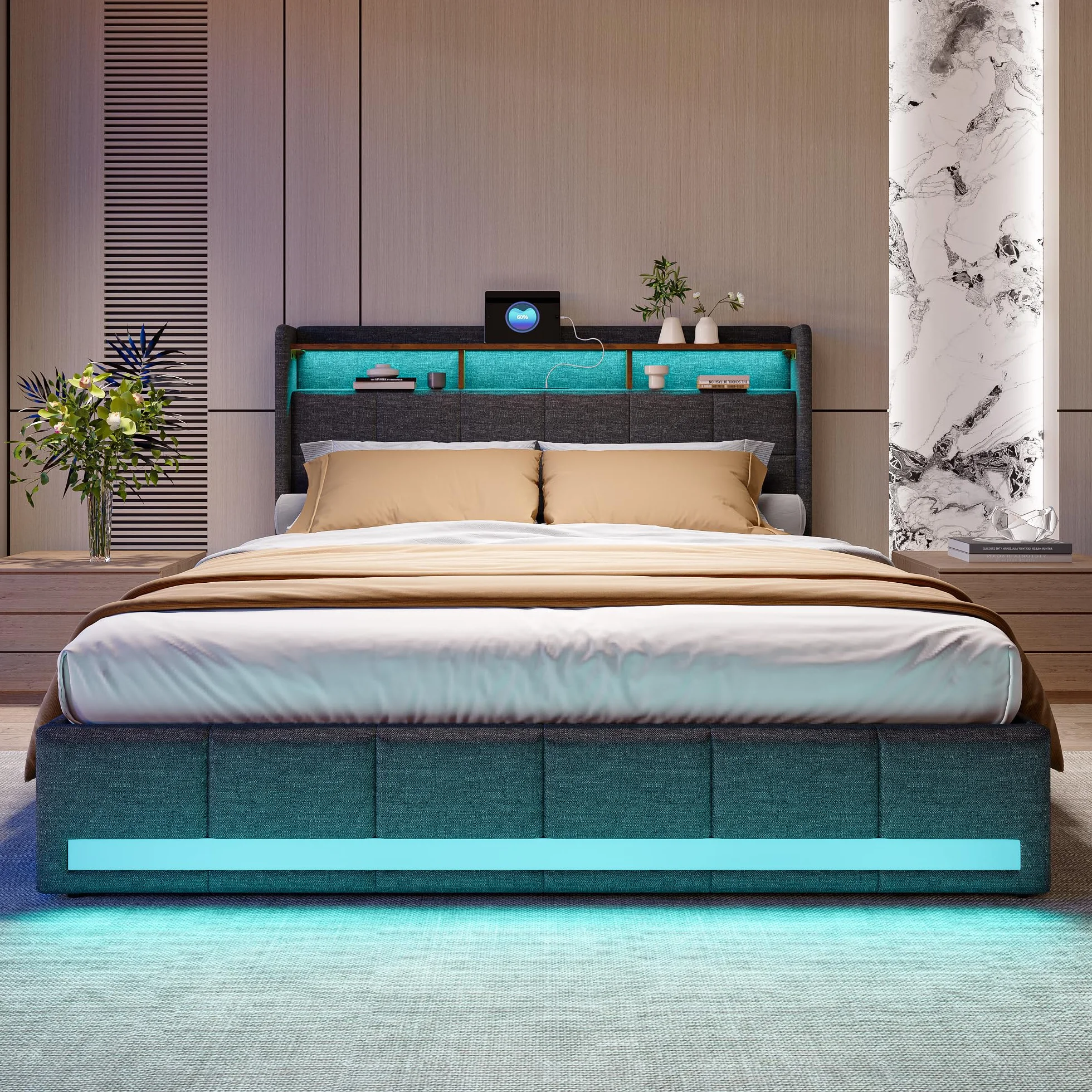 Łóżko Podwójne Pikowane 160 x 200 cm z Szufladą, Oświetleniem LED i Ładowaniem USB - Szare
