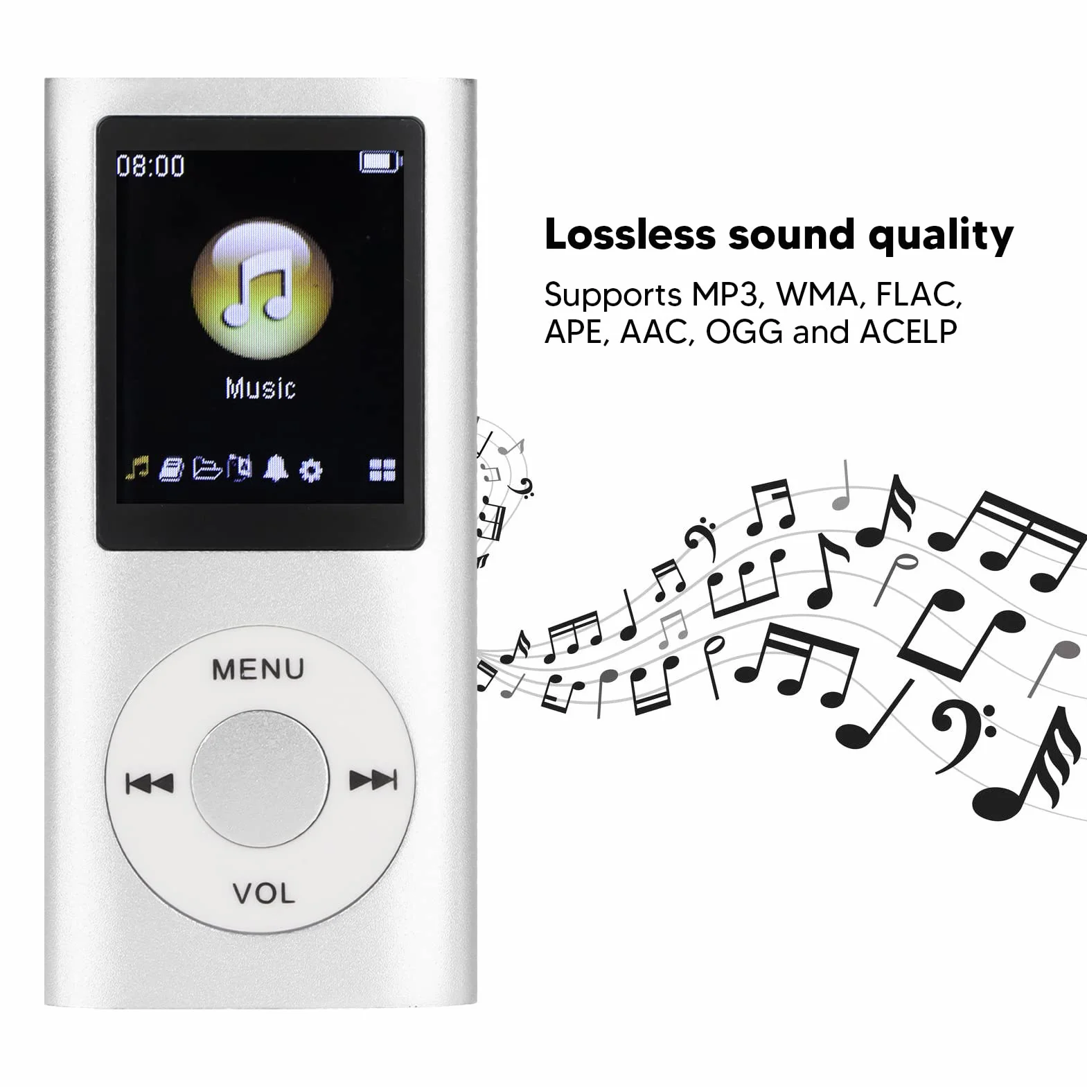 Odtwarzacz MP3/MP4, Przenośny Odtwarzacz Muzyki ze Słuchawkami, Ekran HD 1.8 Cala, Obsługa Karty Pamięci do 64 GB, Czas Odtwarzania 8H, Super Lekka Metalowa Obudowa(Srebro)