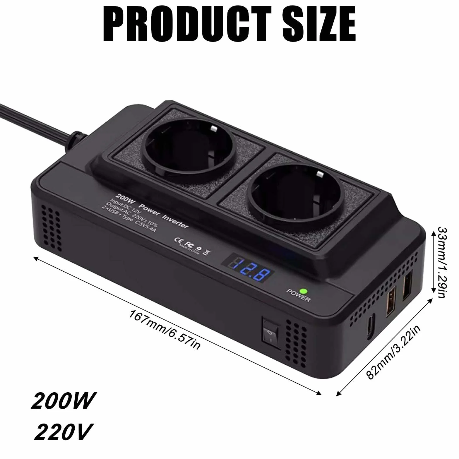 Przetwornica napięcia, 200 W, DC 12 V na AC 230 V, z 2 gniazdami i 4 portami USB, szybkie ładowanie, ładowarka samochodowa, adapter gniazda zapalniczki samochodowej, adapter gniazda zapalniczki