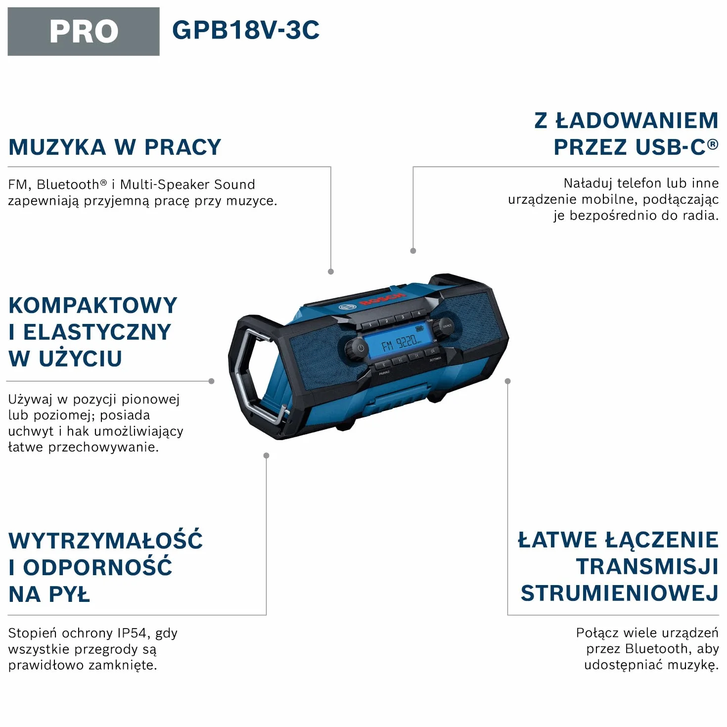 Bosch PRO 18V System Akumulatorowe radio budowlane GPB18V-3C (utan batteri)