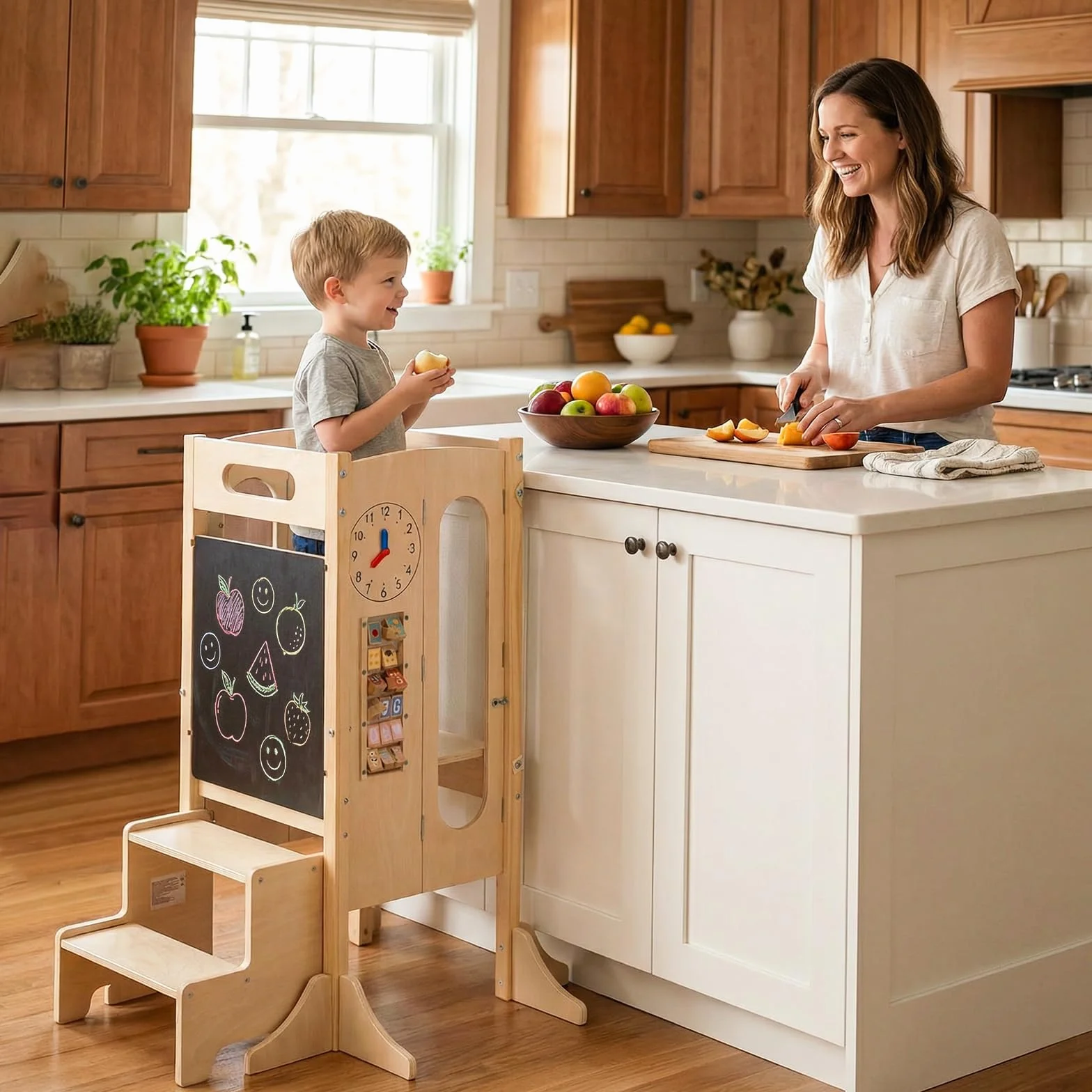 COSTWAY Wieża edukacyjna 4 w 1, składana, taboret z drewna z 2-stopniowym taboretem, tablicą i zdejmowaną siatką zabezpieczającą, Learning Tower Montessori, stołek dla dzieci od 3 lat, kolor naturalny