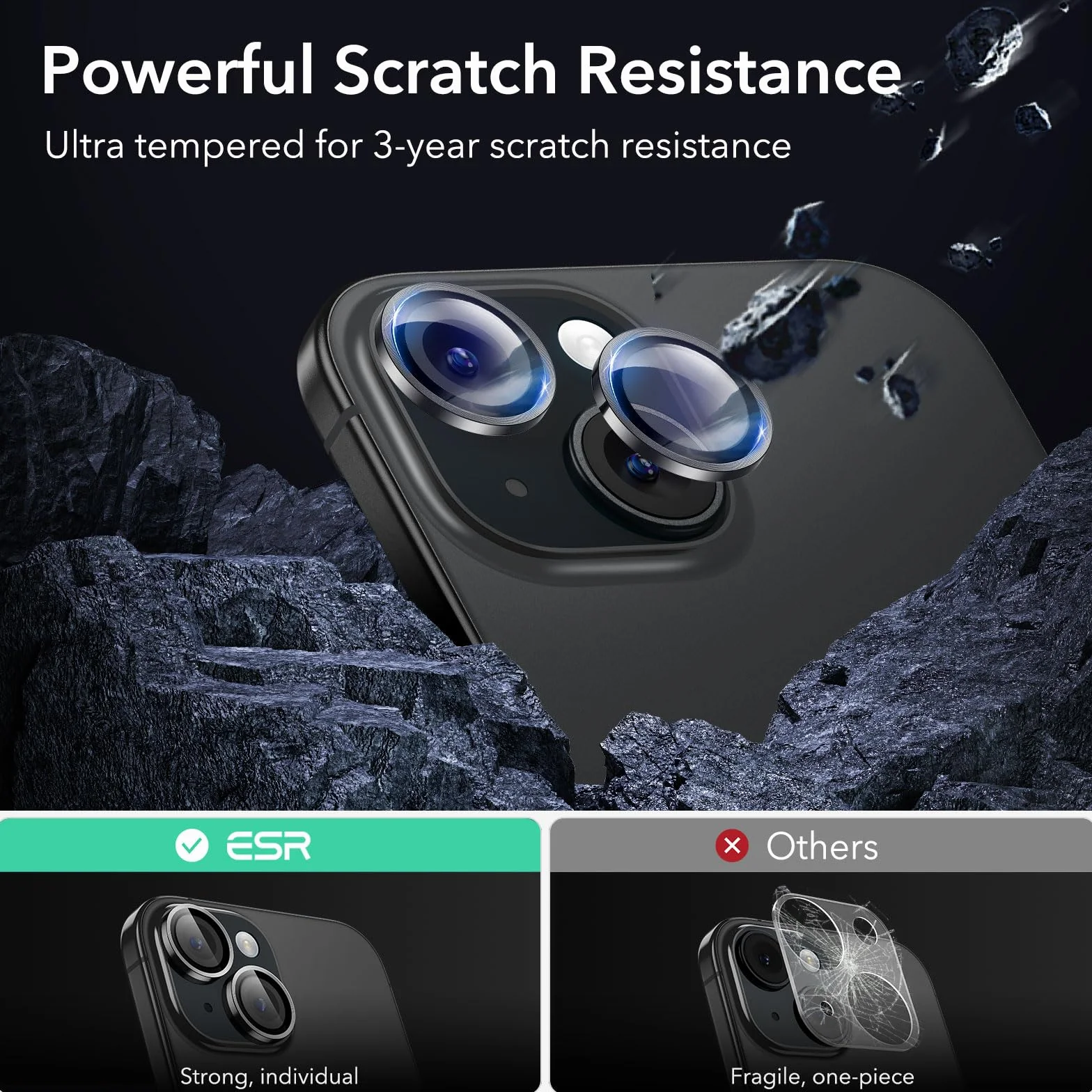 ESR Ochrona aparatu iPhone 15/15 Plus i iPhone 14/14 Plus, Armorite pojedyncze folie ochronne na soczewki, odporne na zarysowania, ultracienkie szkło hartowane z aluminiową krawędzią, seria Armorite,