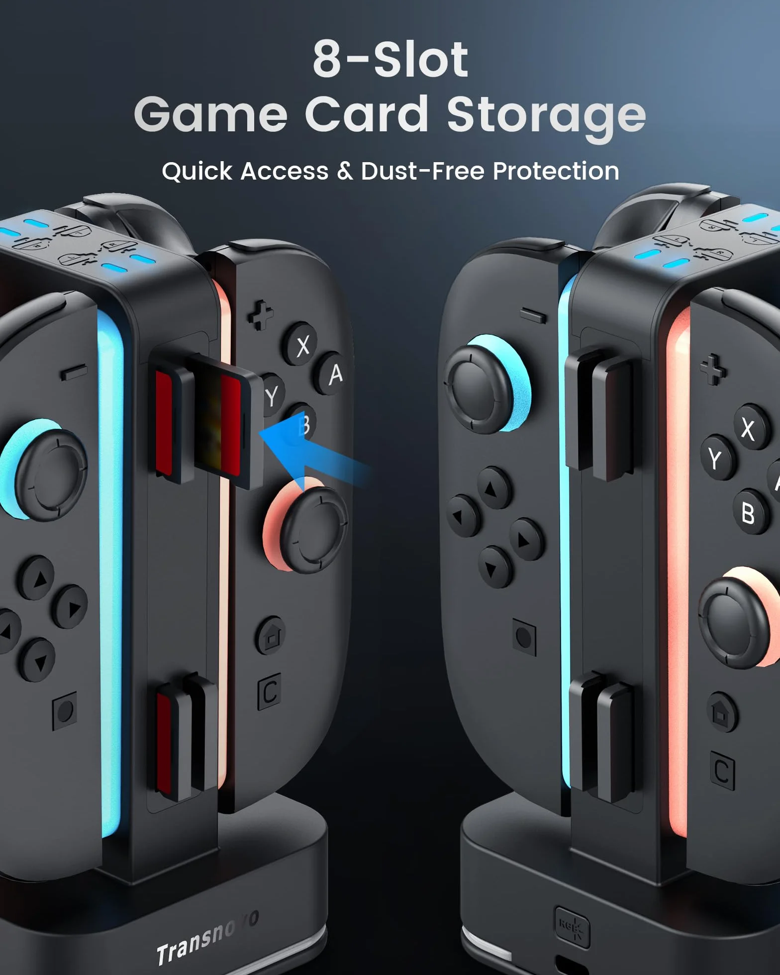 TRANSNOVO Stacja ladujaca kontrolera do Nintendo Switch, 4-gniazdnawa z wskaznikami LED, 9 trybow RGB, 8 gniazd do kart gier, jednoczesne ladowanie
