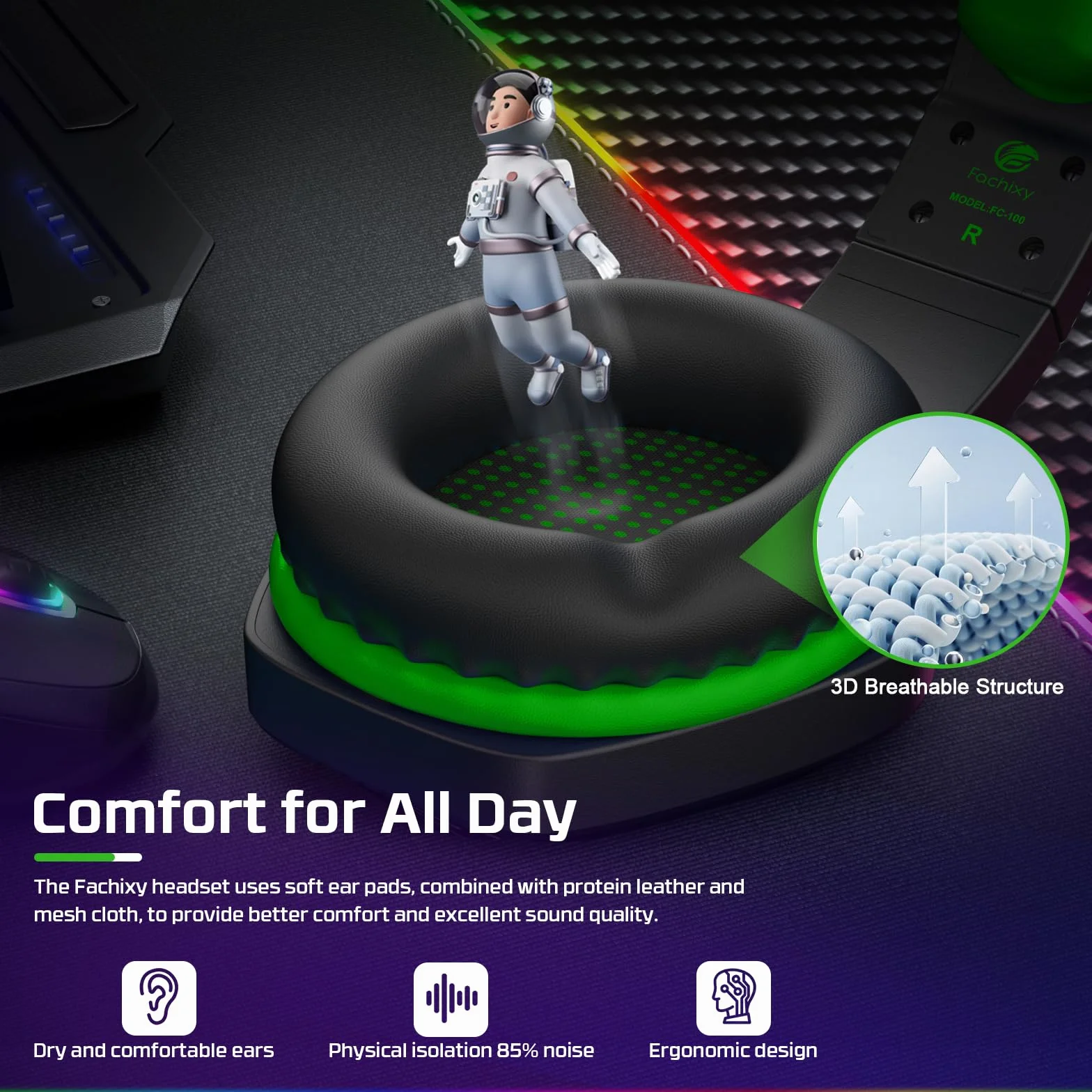 Fachixy FC100 Zestaw słuchawkowy do gier PS4/PS5/PC/Xbox/Nintendo Switch, zestaw słuchawkowy Xbox z jasnym RGB, zestaw słuchawkowy PS5 z mikrofonem, słuchawki do pisania szumów (zielony) (zielony)