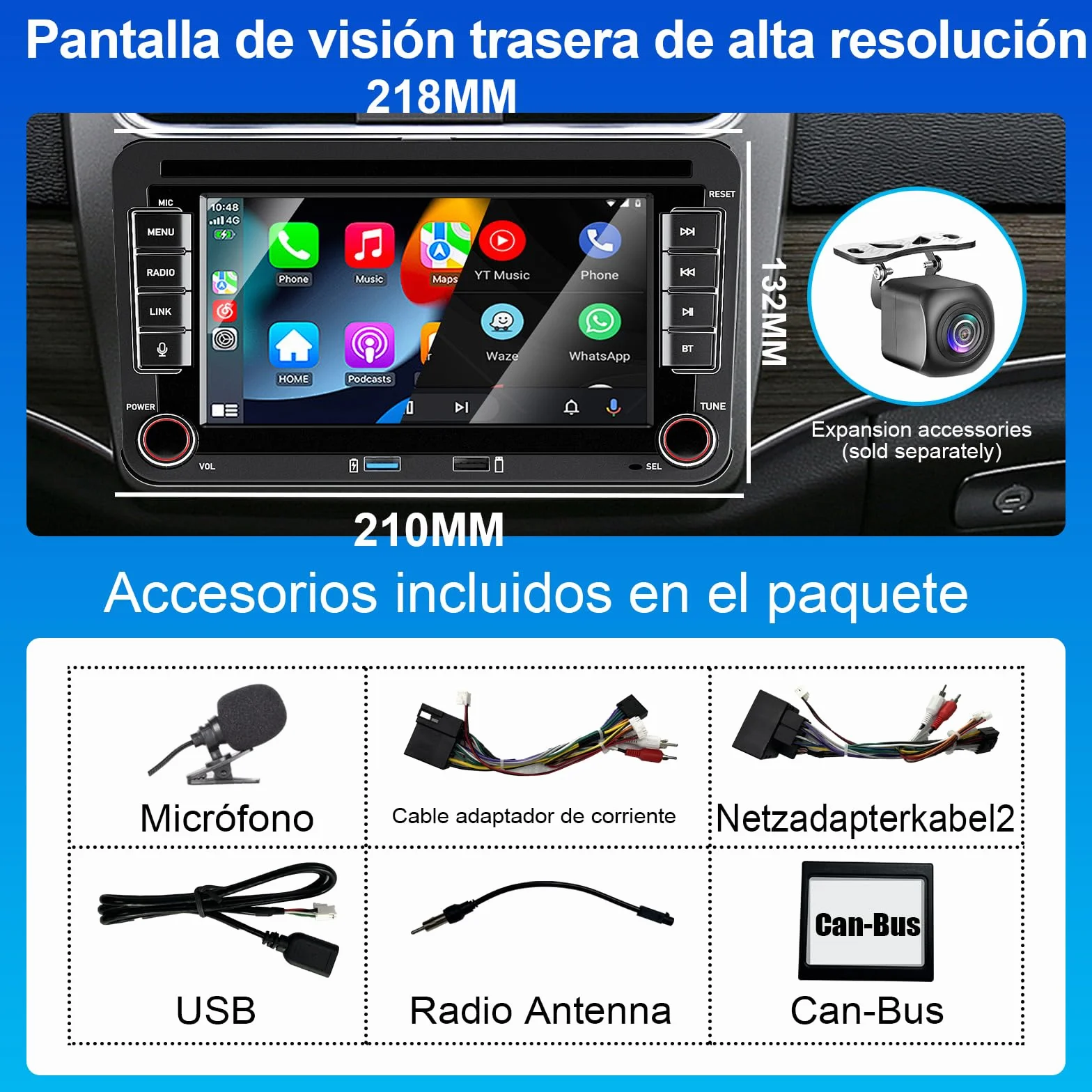 Radio samochodowe Liulbobu do VW Golf 5/6, Passat, Jetta, Caddy, Polo CC, Tiguan, EOS, Scirocco. Bezprzewodowy CarPlay i Android Auto, 7-calowy ekran dotykowy, Bluetooth, FM/AM, USB, DSP, RDS.