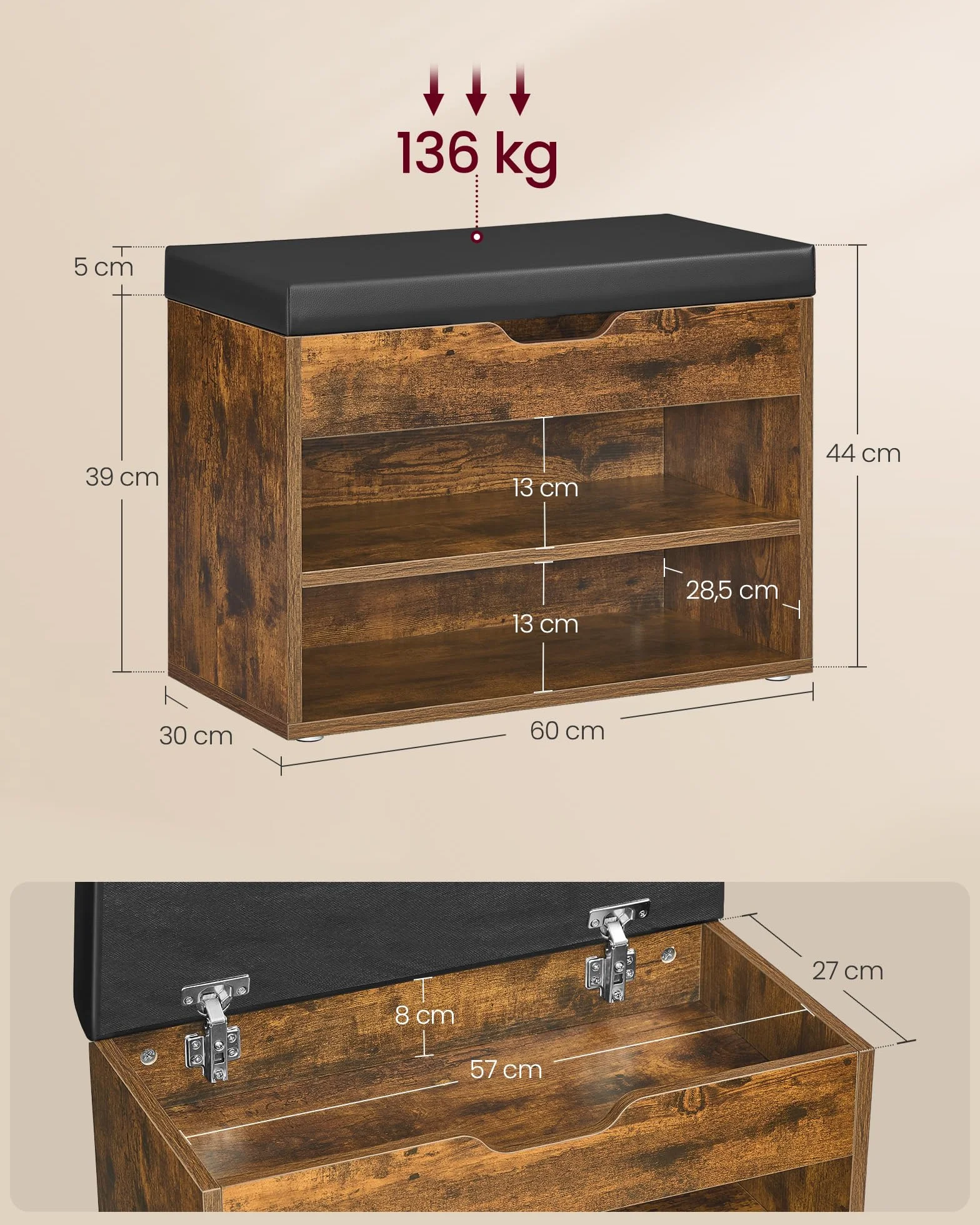 VASAGLE Ławka na buty, półka na buty z wyściełaną poduszką, 3-poziomowy organizer na buty, 30 x 60 x 44 cm, do przedpokoju, salonu i sypialni, brąz vintage LHS020K03
