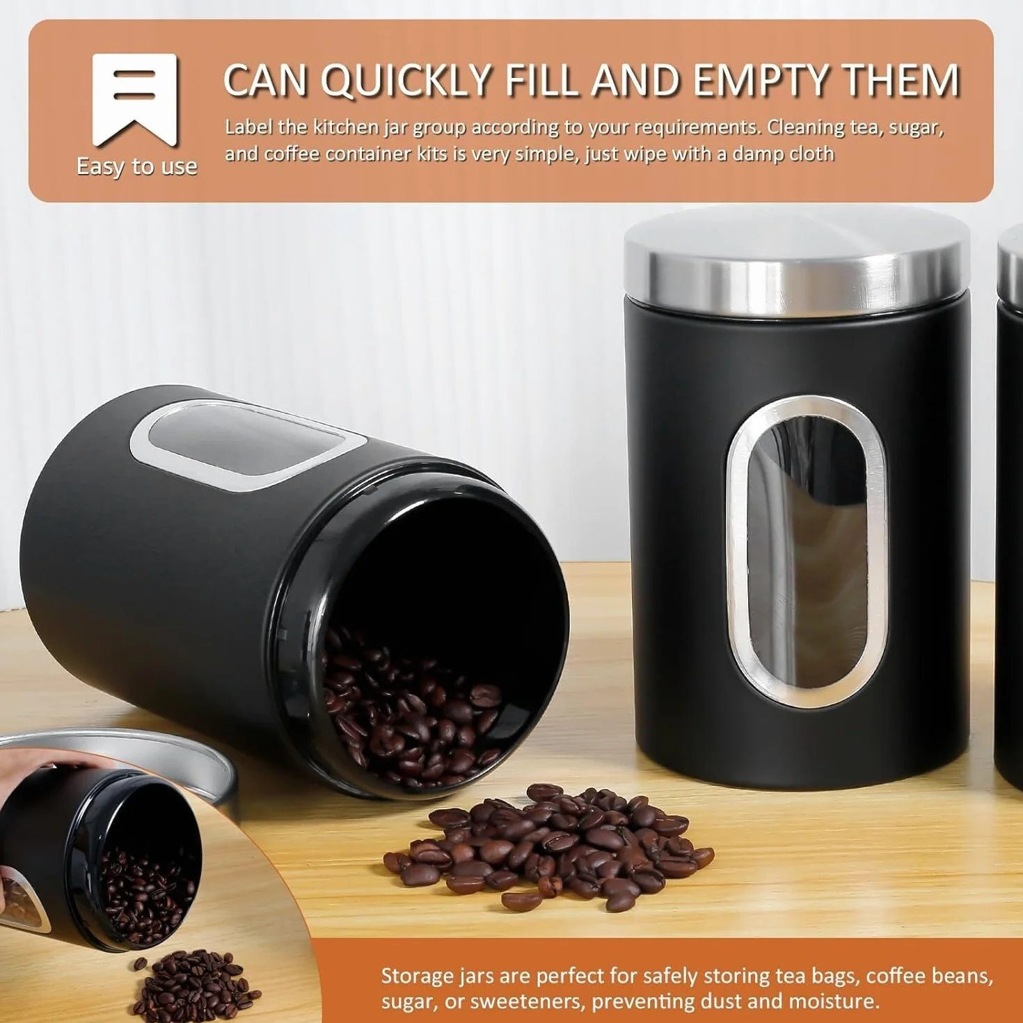 Sugar Shaker,Sugar Container,Sugar Dispenser,Coffee Tea Sugar Container Set,Airtight Coffee Canister Stainless Steel Food Storage Canisters with See Window Practical Canister Set