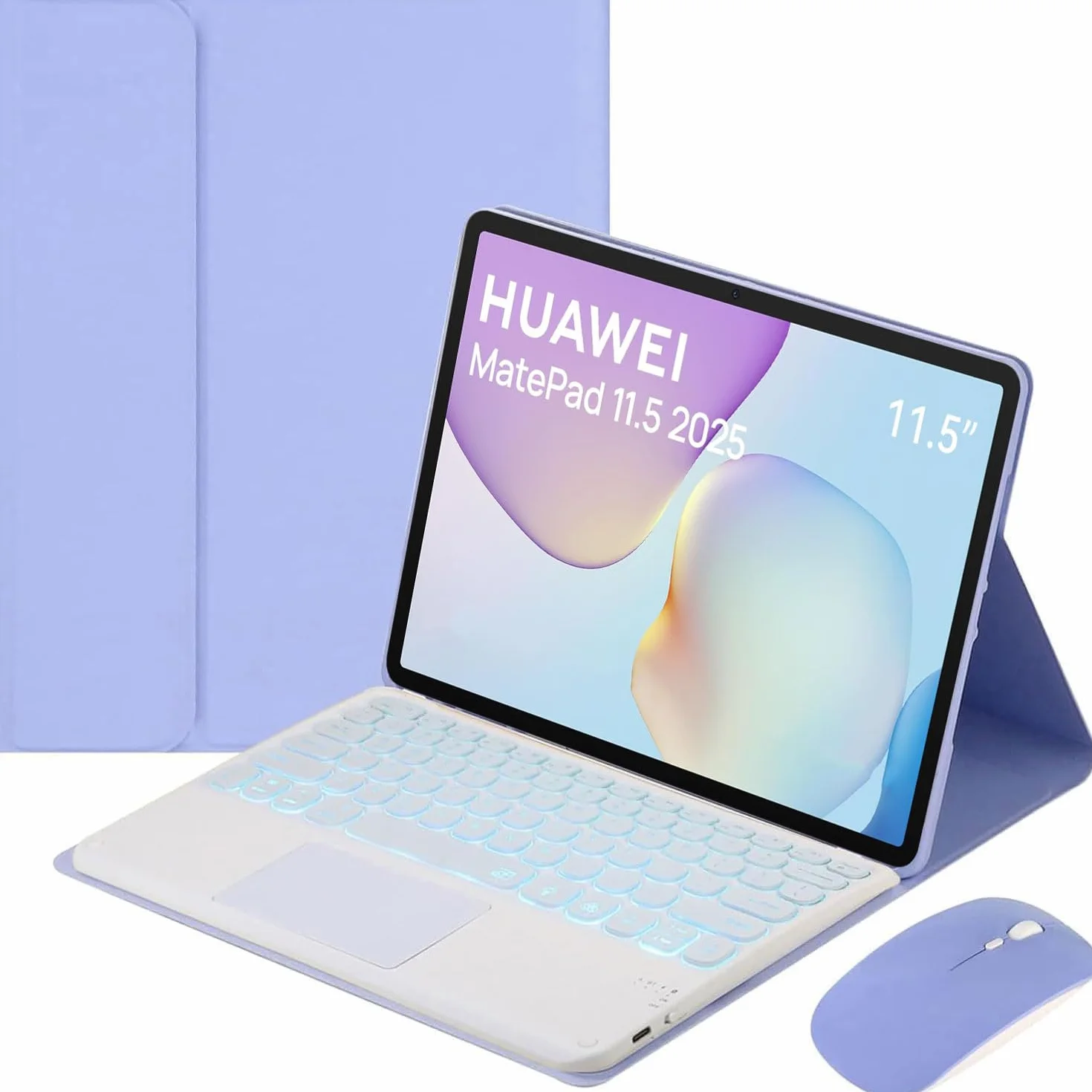 Keyboard Case for Huawei MatePad 11,5 cala 2025, z 7-kolorowym podświetleniem, odłączaną bezprzewodową klawiaturą Bluetooth z touchpadem, ultracienką, wielokątną osłoną i myszką,Purple