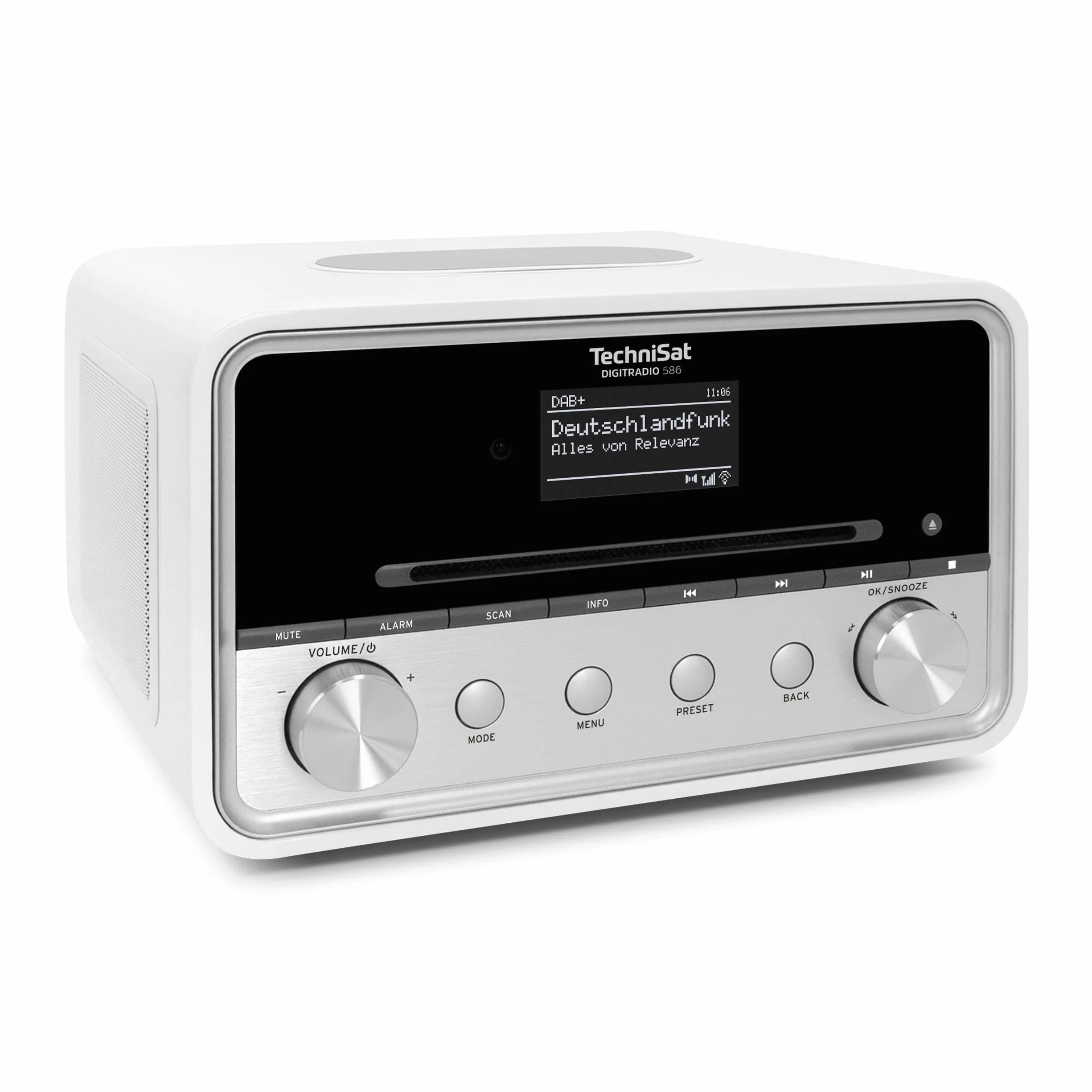 TechniSat DIGITRADIO 586 - hybrydowe radio DAB+ (radio internetowe, FM, Bluetooth, Spotify, ładowanie bezprzewodowe, sterowanie aplikacją, wyświetlacz OLED, USB, CD, MP3, AUX, 20 W, pilot) biały