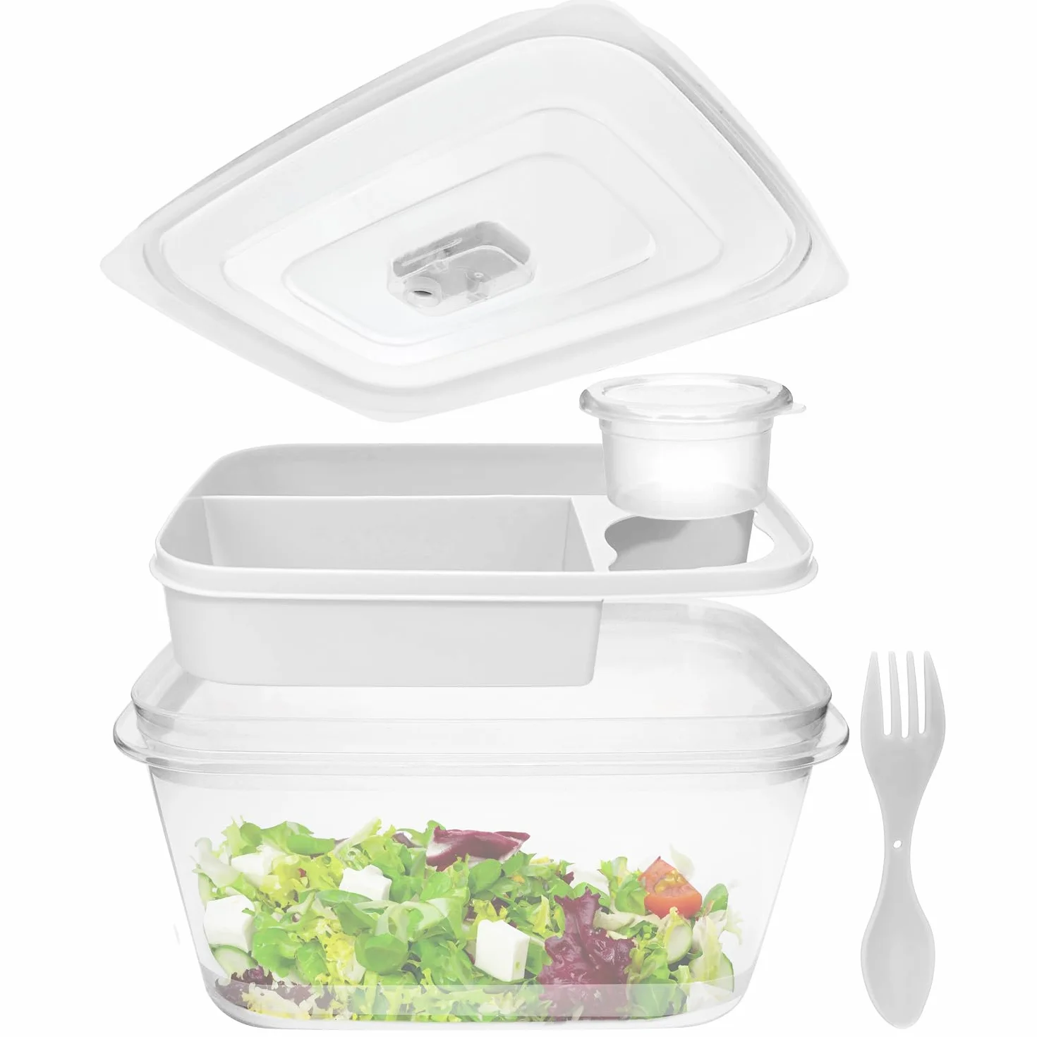 COM-FOUR® Lunch box Bento biały 19 cm z sztućcami pojemnik na sos do zmywarki