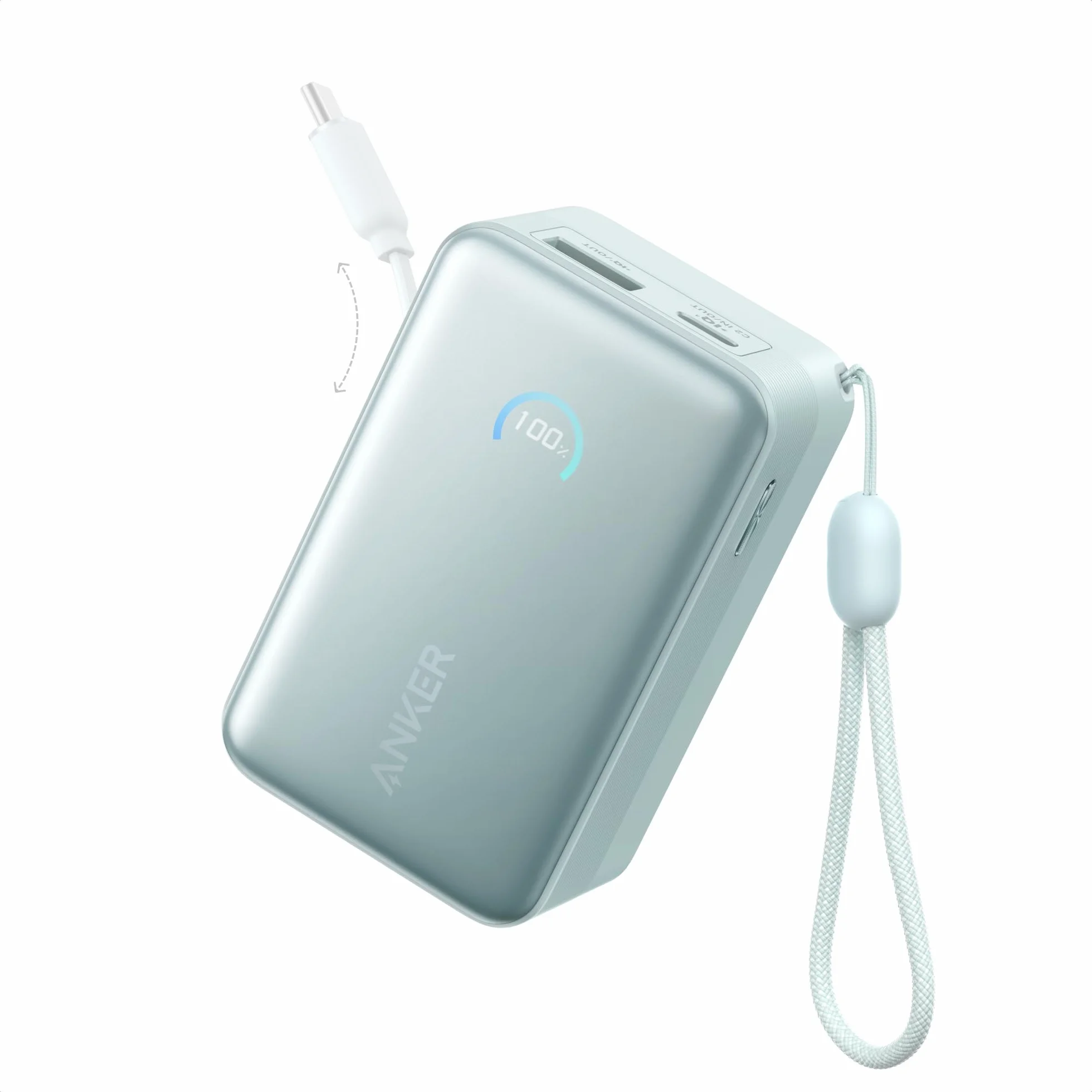 Powerbank Anker Nano, zewnętrzny akumulator 10 000 mAh z 70-centymetrowym zwijanym kablem Anker InstaCord, kompaktowa bateria o mocy maks. 45 W, inteligentny wyświetlacz (zielony)