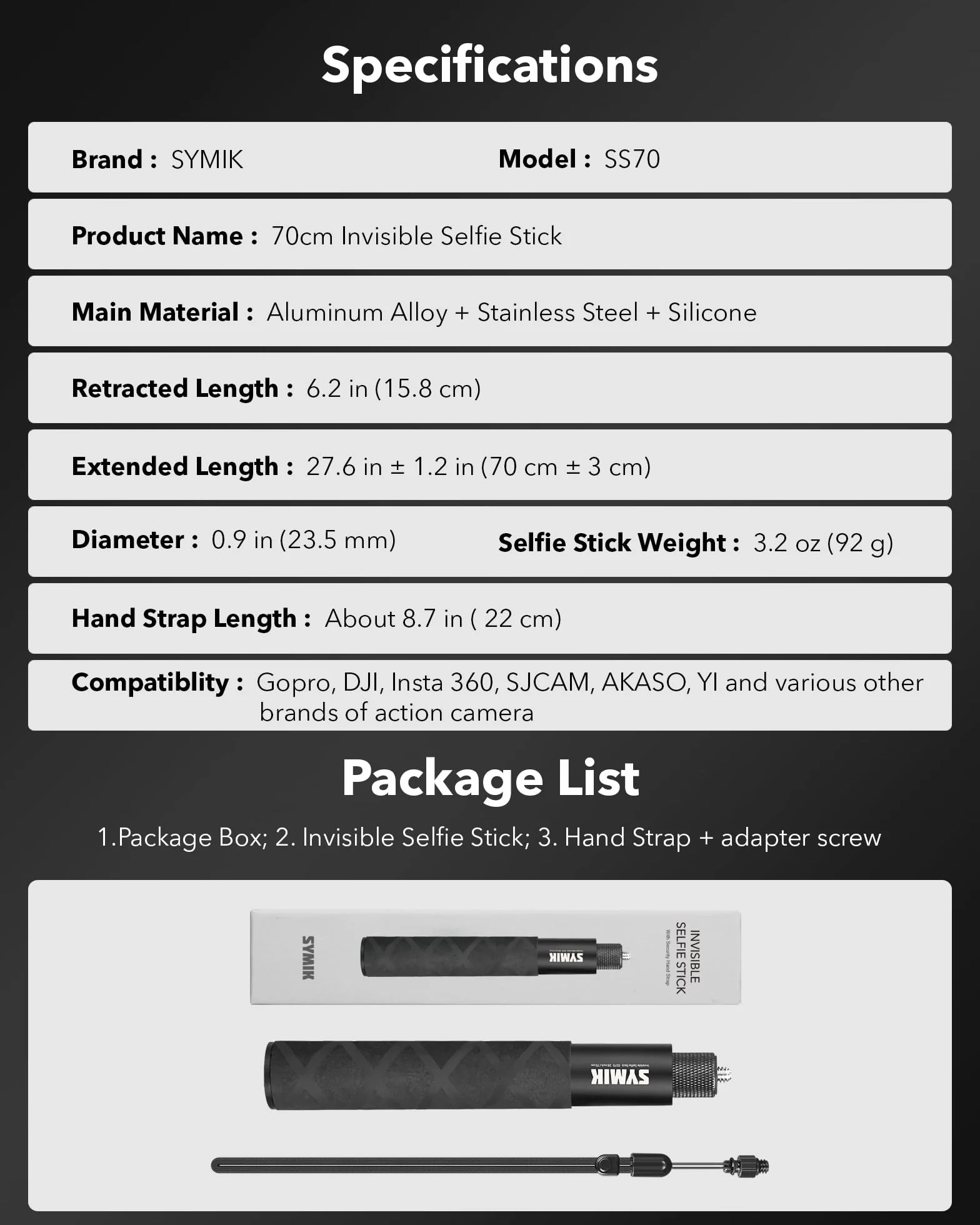 SYMIK Niewidoczny kijek do selfie do Insta360 (70 cm/27,6 cala), przedłużacz ze stopu aluminium, przenośny, wysuwany statyw jednonożny do Insta 360 X5 X4 X3 ONE X2 do DJI Osmo 360