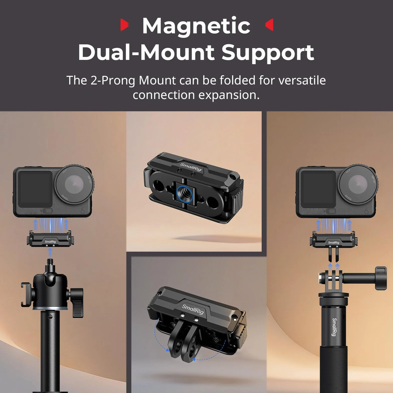 SMALLRIG Magnetyczny uchwyt adaptera z podwójnym mocowaniem do DJI Osmo Action 6/Osmo Nano, dwukierunkowy magnetyczny uchwyt szybkozłączki składany z 2-bolcowym mocowaniem - 5890