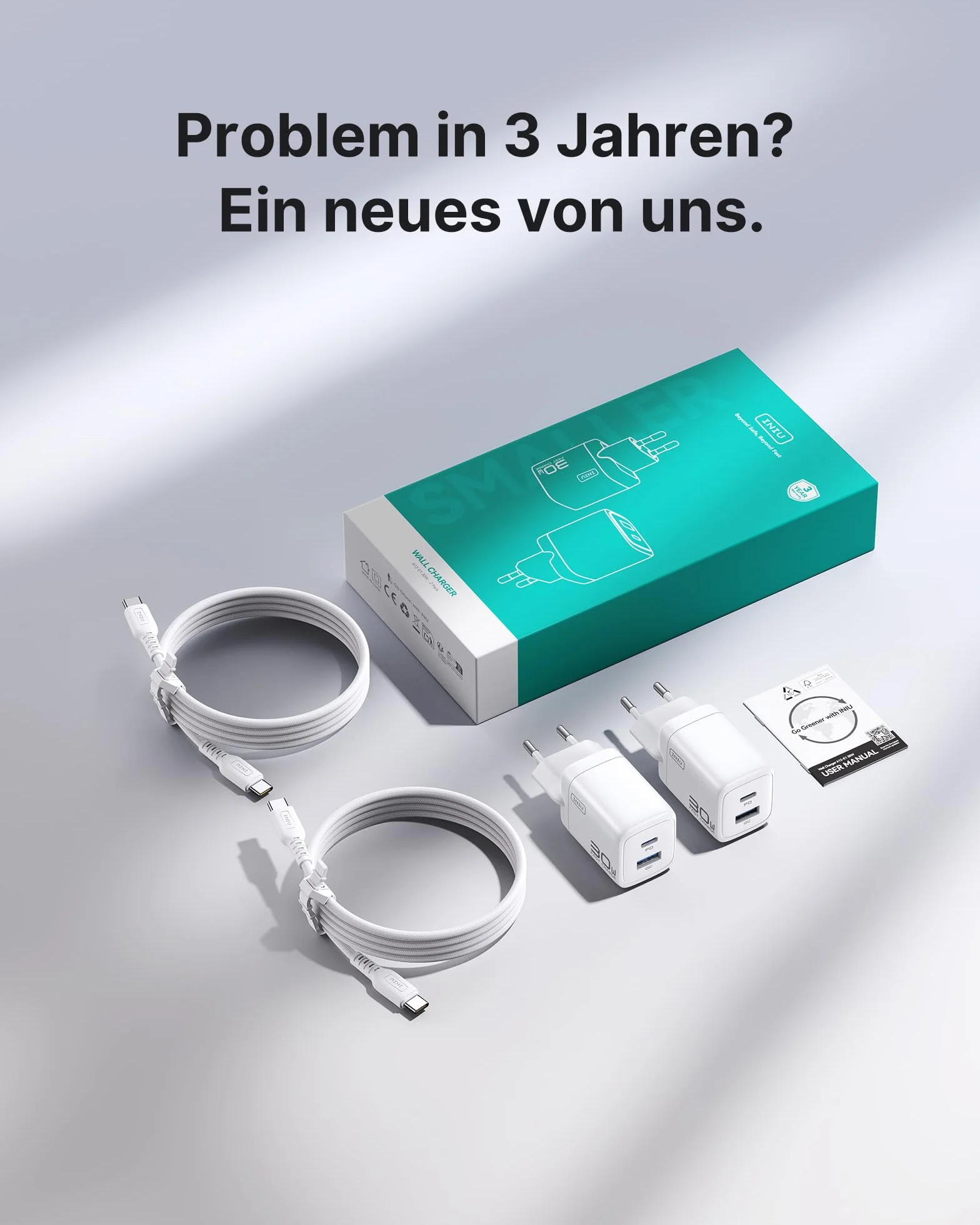 INIU Ładowarka USB C, 30 W, 2-portowa [USB C + USB A] Szybka ładowarka z kablem, Multi Sector PD Type C, adapter do iPhone'a 17 16 Pro Max, iPad Air, Galaxy S25 S24 Ultra, Xiaomi 15, Pixel 10, 9 itd