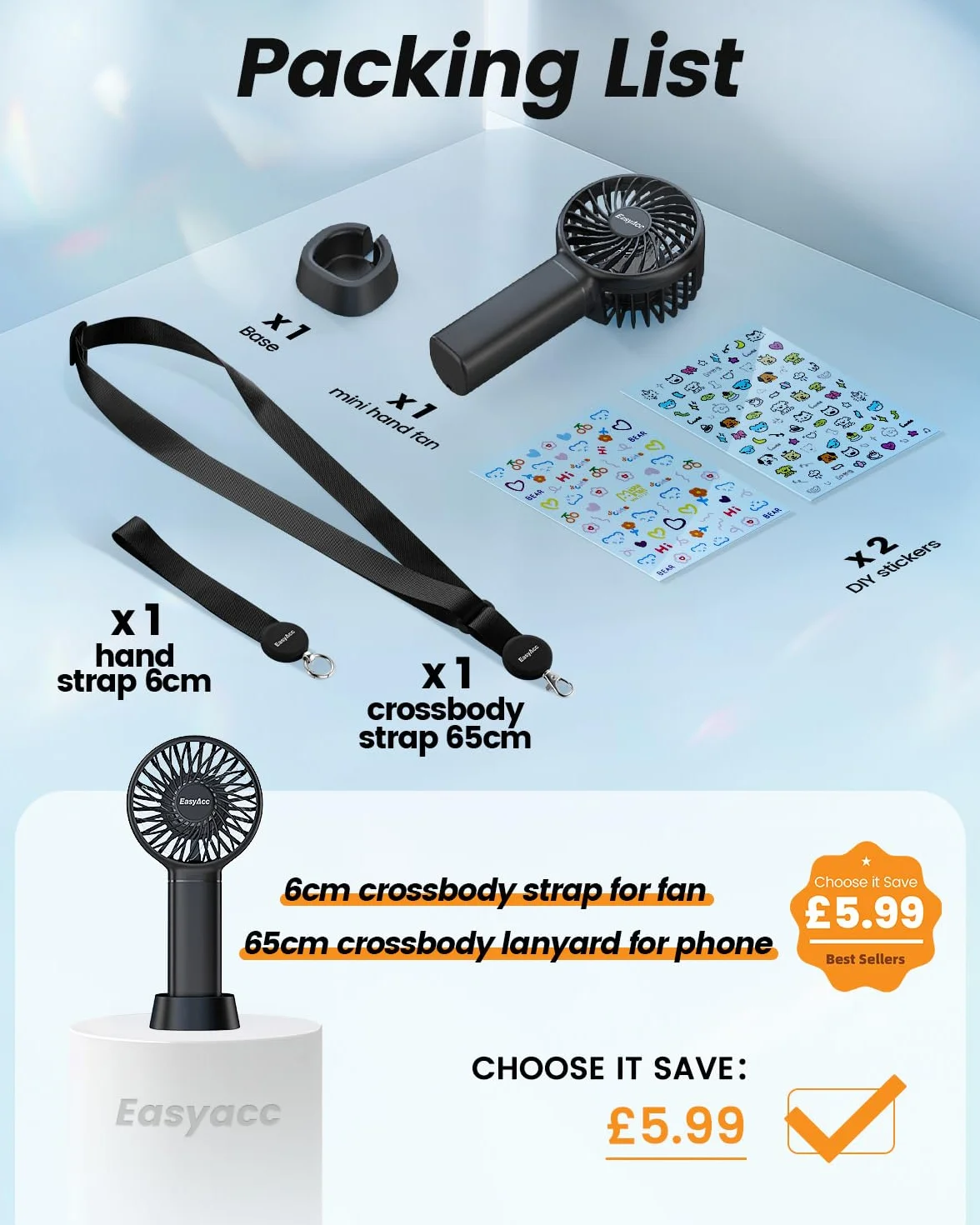 EasyAcc Mini wentylator ręczny 5,5-17 h 3 prędkości odłączaną podstawą smyczą