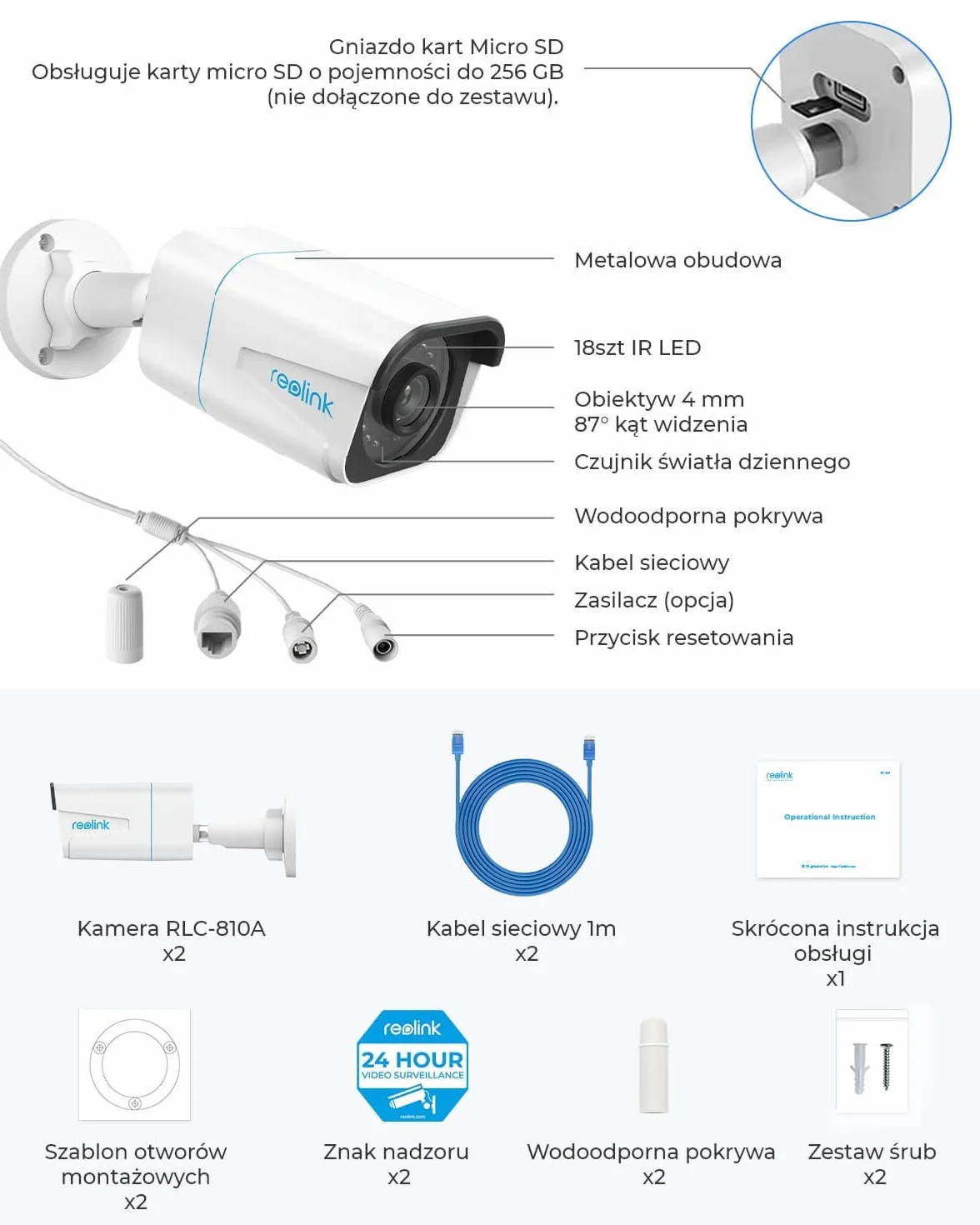 Reolink 4K Inteligentna Kamera Monitoringu PoE z Detekcją Ludzi/Pojazdów, Zewnętrzna Kamera CCTV IP z Inteligentnymi Alertami o Ruchu, Nagrywaniem Audio, Slotem Karty microSD, 810A 2 paczki