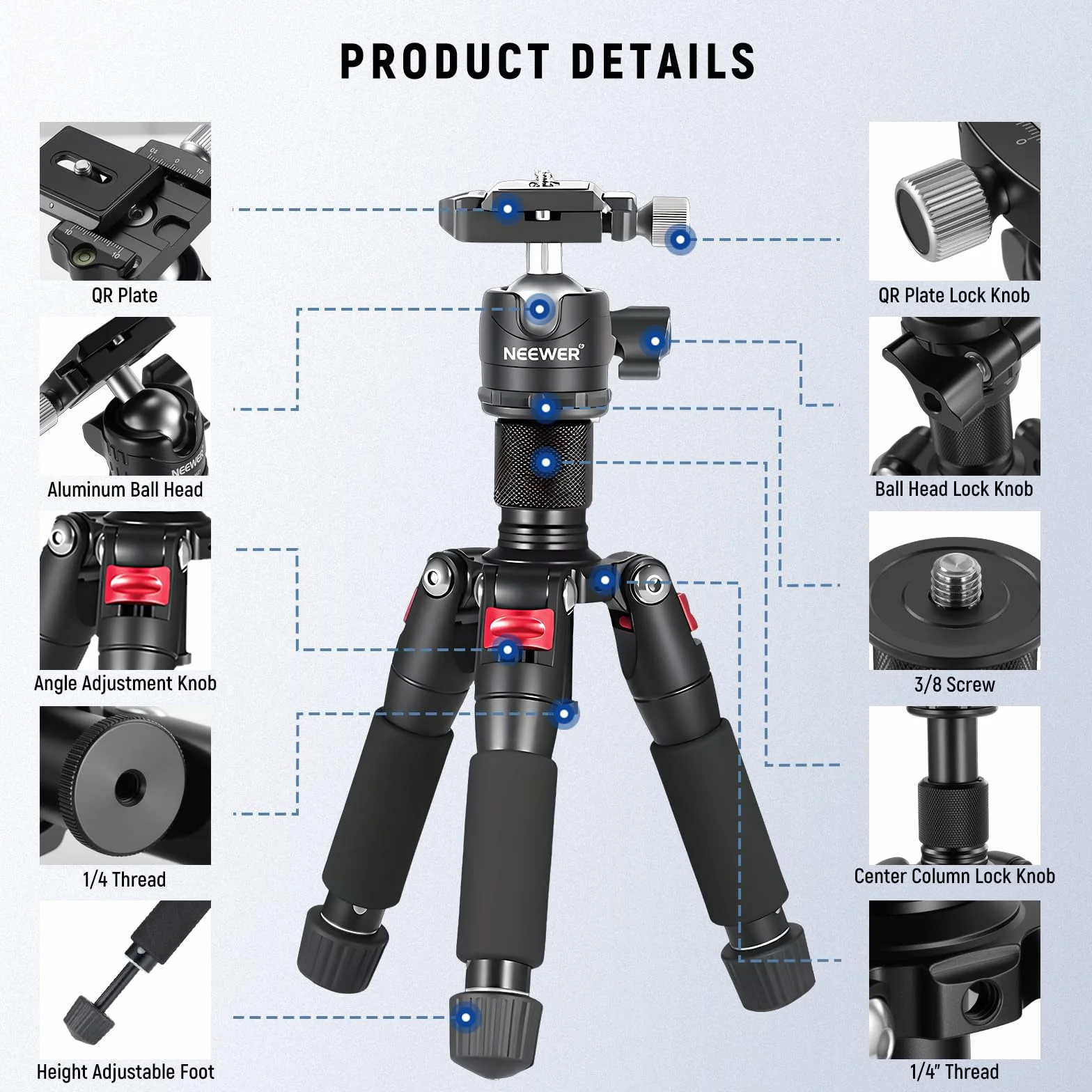 Neewer Przenośny mini statyw biurkowy - stop aluminium 20"/50 cm z głowicą kulową 360 stopni, płyta szybkiego obuwia do kamery wideo DSLR, obciążenie do 11 funtów / 5 kg