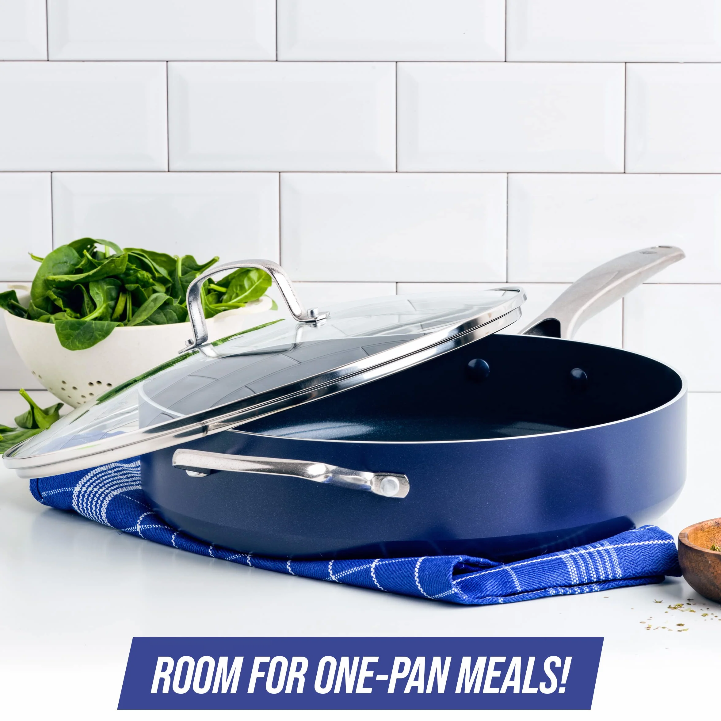 Blue Diamond Skillet with Lid, Non Stick Aluminium Pan - Induction & Oven Safe Cookware - 28 cm, Blue