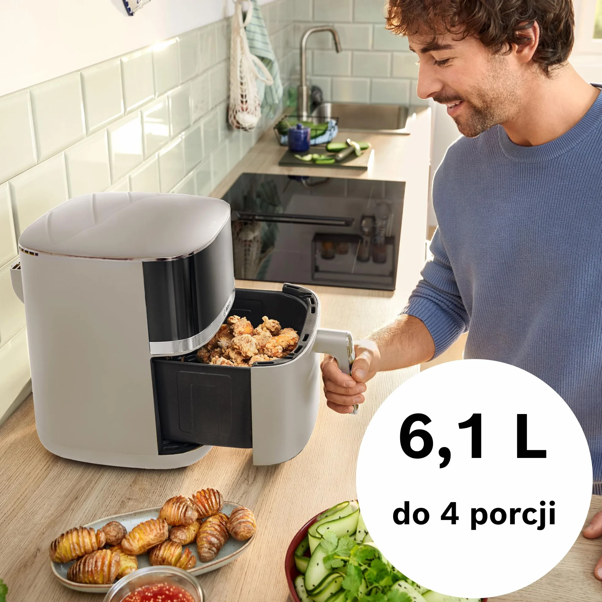 Bosch Air Fryer Serie 4 XL, MAF462C0, 6,1 l, 7 automatycznych programów, dwa elementy grzewcze, funkcje rozmrażania i podtrzymywania ciepła, ekran dotykowy, do 60% szybsze gotowanie, satynowy beżowy