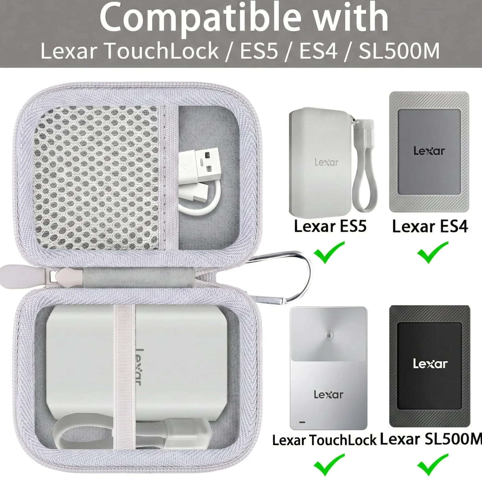 Khanka Etui na zewnętrzny dysk SSD Lexar ES5 ES4 SL500 SL500M 1 TB/2 TB/4 TB, pokrowiec do zewnętrznego dysku SSD Lexar/ES5/ES4/SL500/SL500M, tylko obudowa (biała)