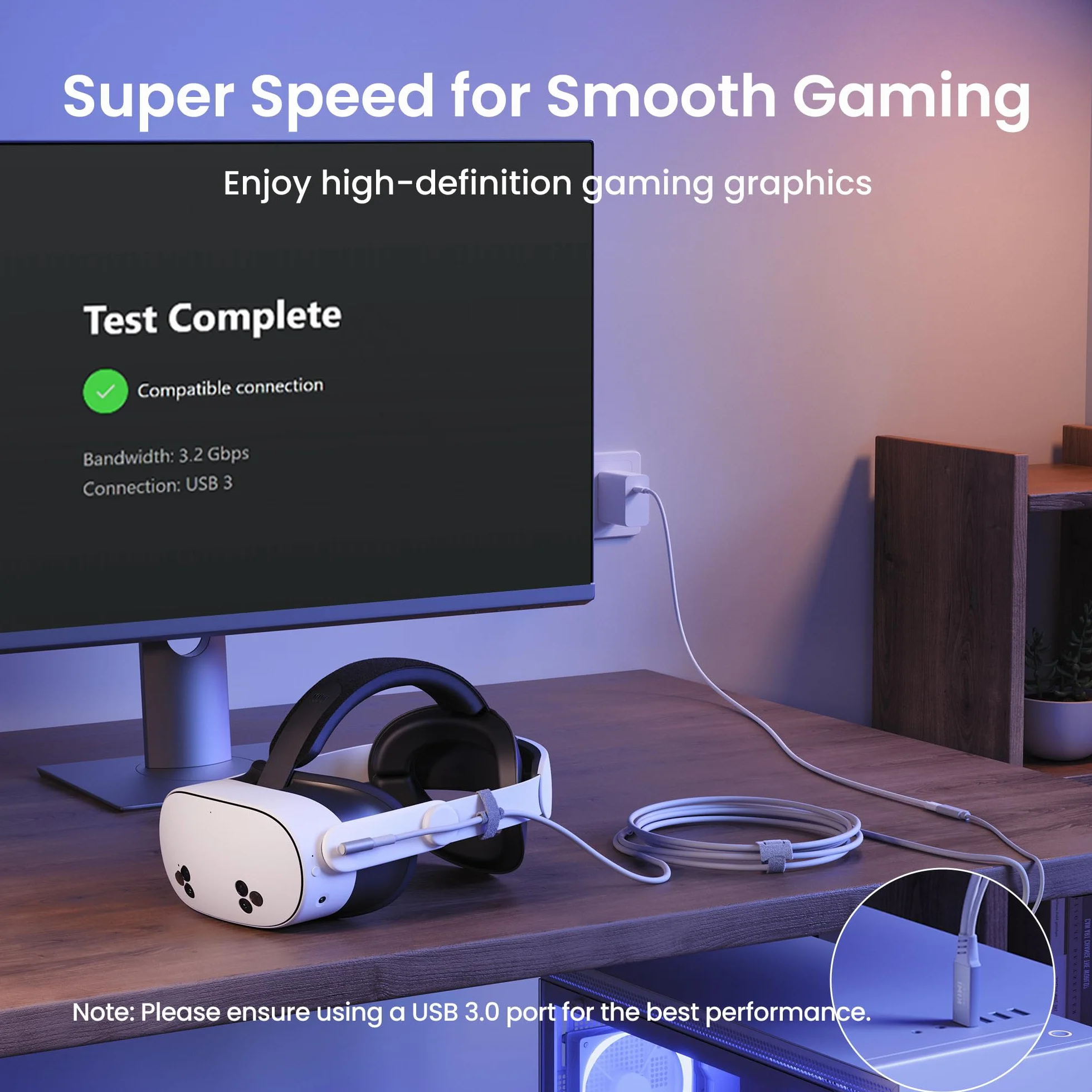 KIWI design Kabel łączący z ładowaniem 5M, kompatybilny z akcesoriami Meta Quest 3s/3/2/Pro/Pico 4 i PC/SteamVR kabel łączący USB 3.0 do USB C z superprędkością 5 Gb/s do rozszerzonej rozgrywki biały