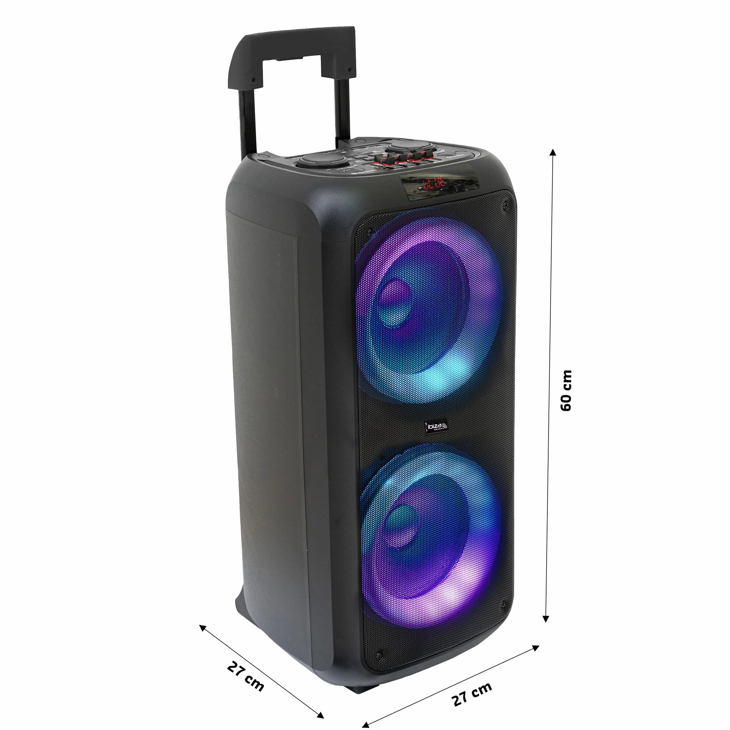 Ibiza - VENUS600 - Przenośny głośnik 2x8"/20 cm, 600 W, zasilany bateryjnie, z efektem świetlnym na przednim panelu i przewodowym mikrofonem - Bluetooth, USB, microSD, AUX i MIC - Czarny