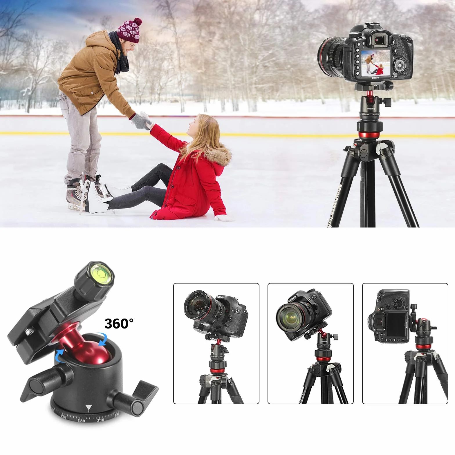 SMALLRIG Mini Ball Head, Tripod Head Camera 360° Panoramic Obrotowa Głowica Kulowa 3/8" z Płytą Szybkośrubową 1/4" Obciążenie Statywu i Kamery, Monopod, dla Gopro, Phone, Max Load 4.4lbs - BUT2665