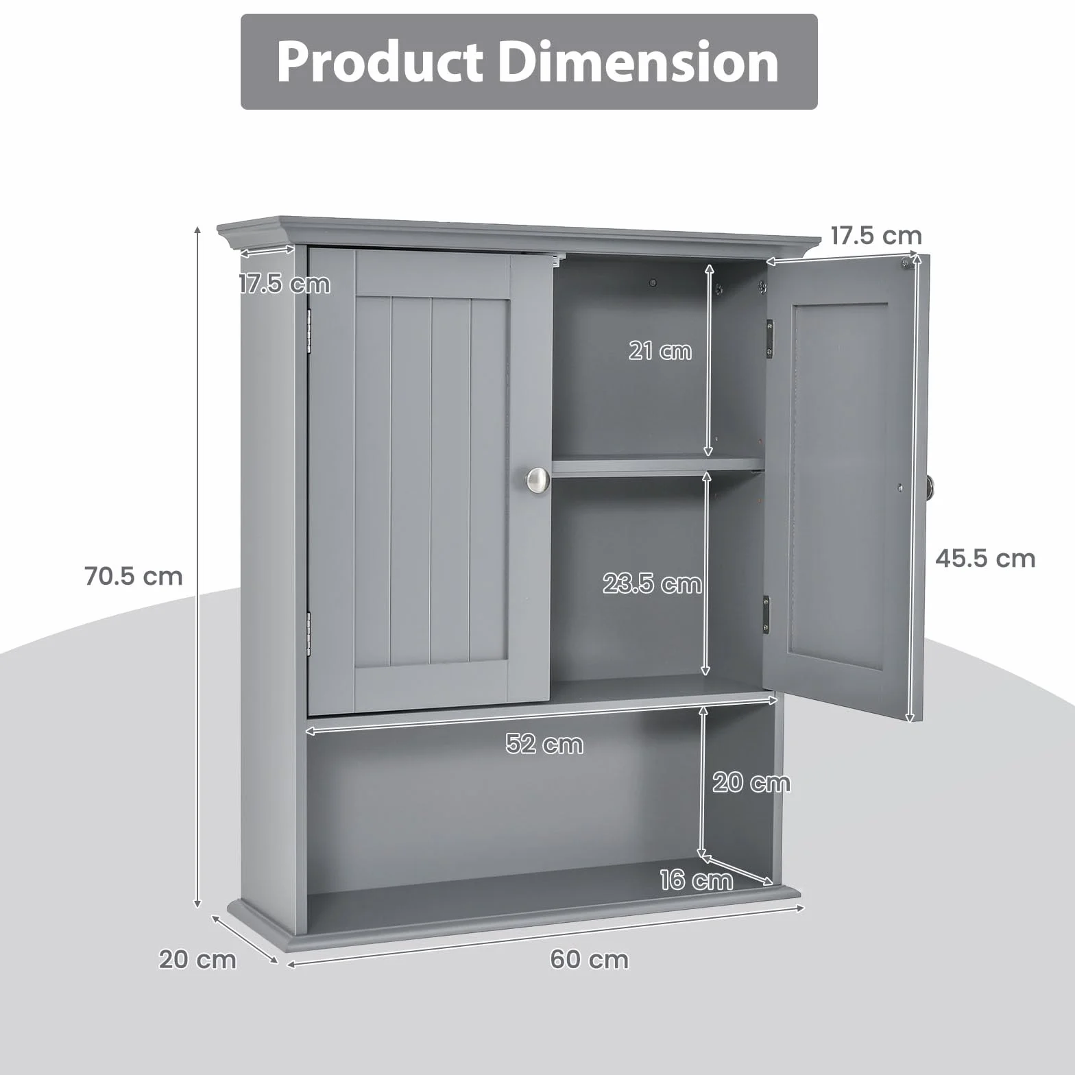 LIFEZEAL szafka łazienkowa z drewna, szafka naścienna z regulowanym regałem i 2 drzwiami, szafka wisząca do łazienki 60 x 19 x 71 cm, szafka podwieszana do WC, szafka kuchenna (szary)