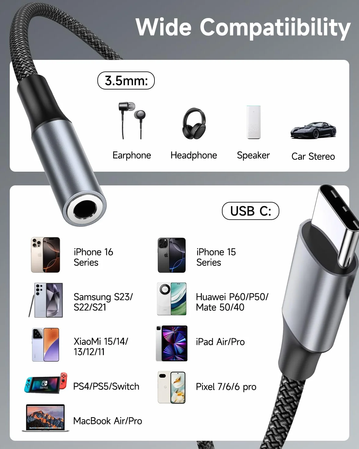 Adapterów Audio USB C do Gniazda 3,5 mm, Adapter Typu C do Gniazda Słuchawkowego Nylonowy Adapter Typu C do Aux USB C dla iPhone'a 17 16 15 Samsung Galaxy Pixel, HUAWEI, Xiaom, iPad