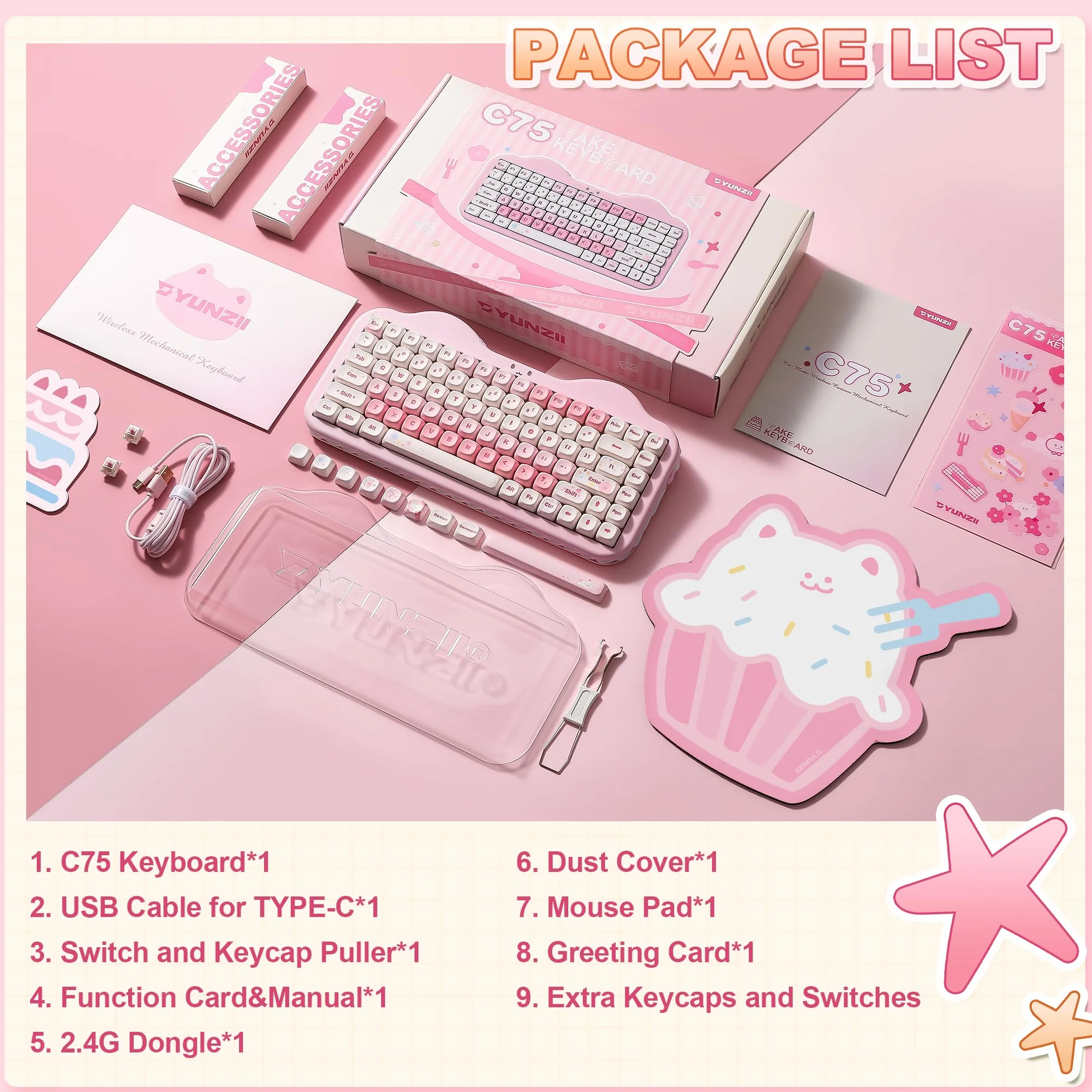 YUNZII C75 Bezprzewodowa Mechaniczna Klawiatura, 75% Układ Hot Swappable Kremowa Klawiatura NKRO,Uroczy Projekt Ciasta BT5.0/2.4G/USB-C dla Win/Mac/Gaming (Różowy, Milk V2 Linear Switch)