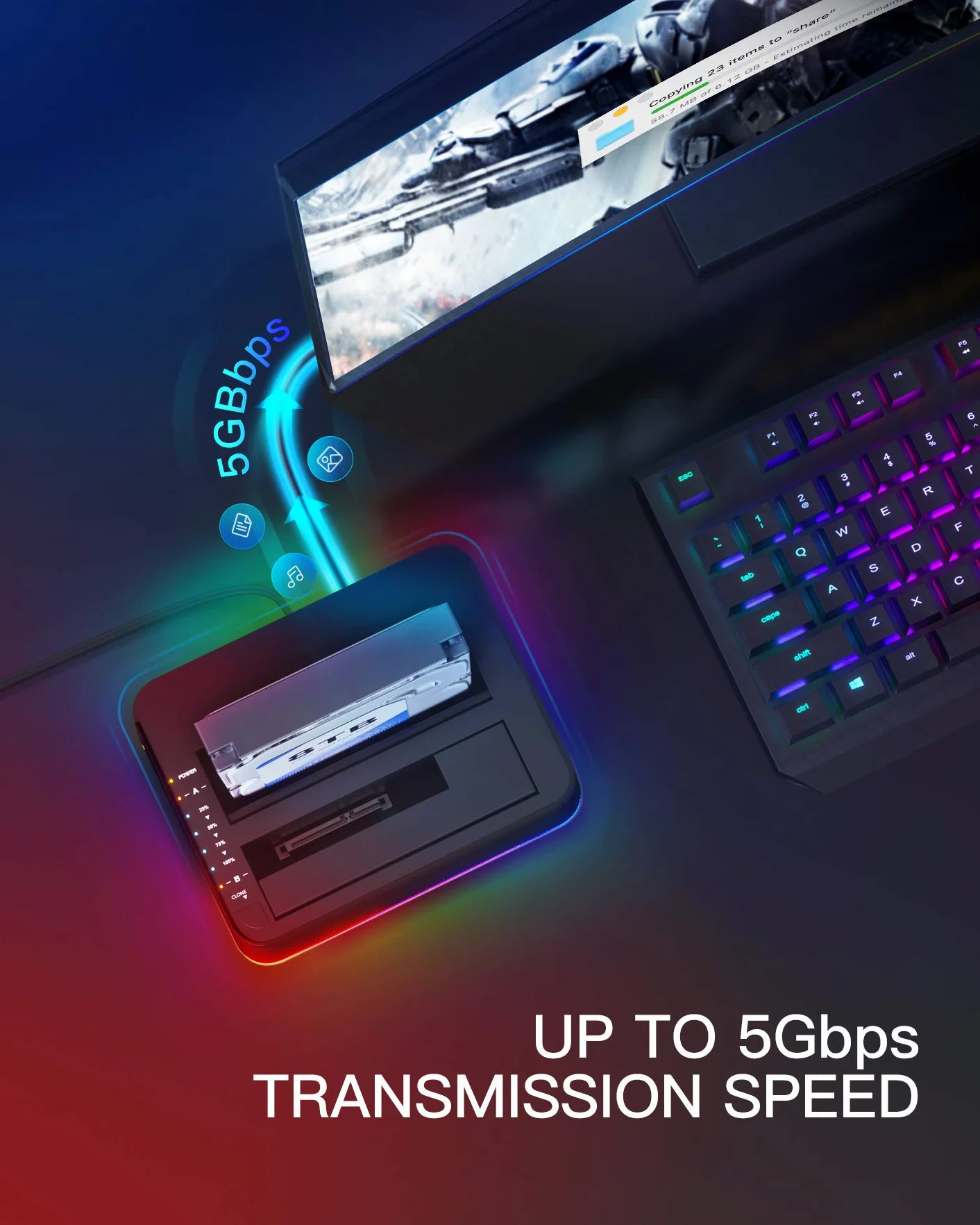 Inateck Stacja dokująca do dysków twardych RGB USB 3.0 z funkcją klonowania offline, do 2,5 i 3,5 cala SATA HDD i SSD, obsługuje UASP, czarna