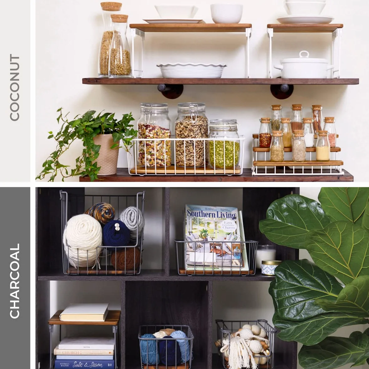 iDesign Ría Safford Collection kosz druciany z metalu i drewna akacjowego, biały i naturalny, stal 18/10