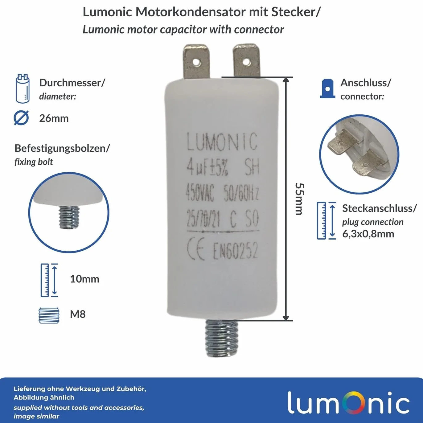 Lumonic Kondensator rozruchowy 4µF 450V | z WtyczkaX I 26x55mm I 4uF I Kondensator silnikowy z plastikowa obudowa I Kondensator operacyjny I do pomp, kosiarek, narzedzi
