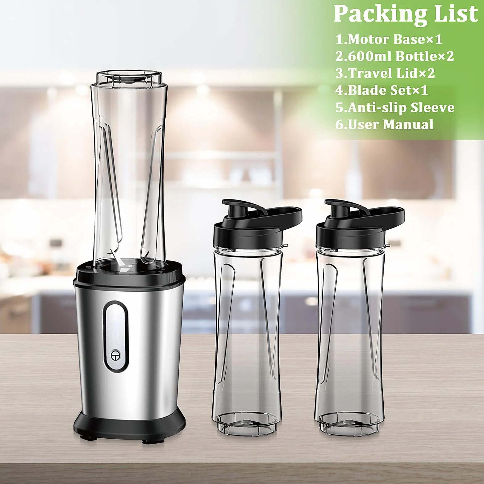 Mikser 500 W, mini stojący, smoothie Maker z butelkami 2 x 600 ml, bez BPA, tritan, przenośny z stali nierdzewnej, 4 arkusze do shake, do smoothie i posiłków