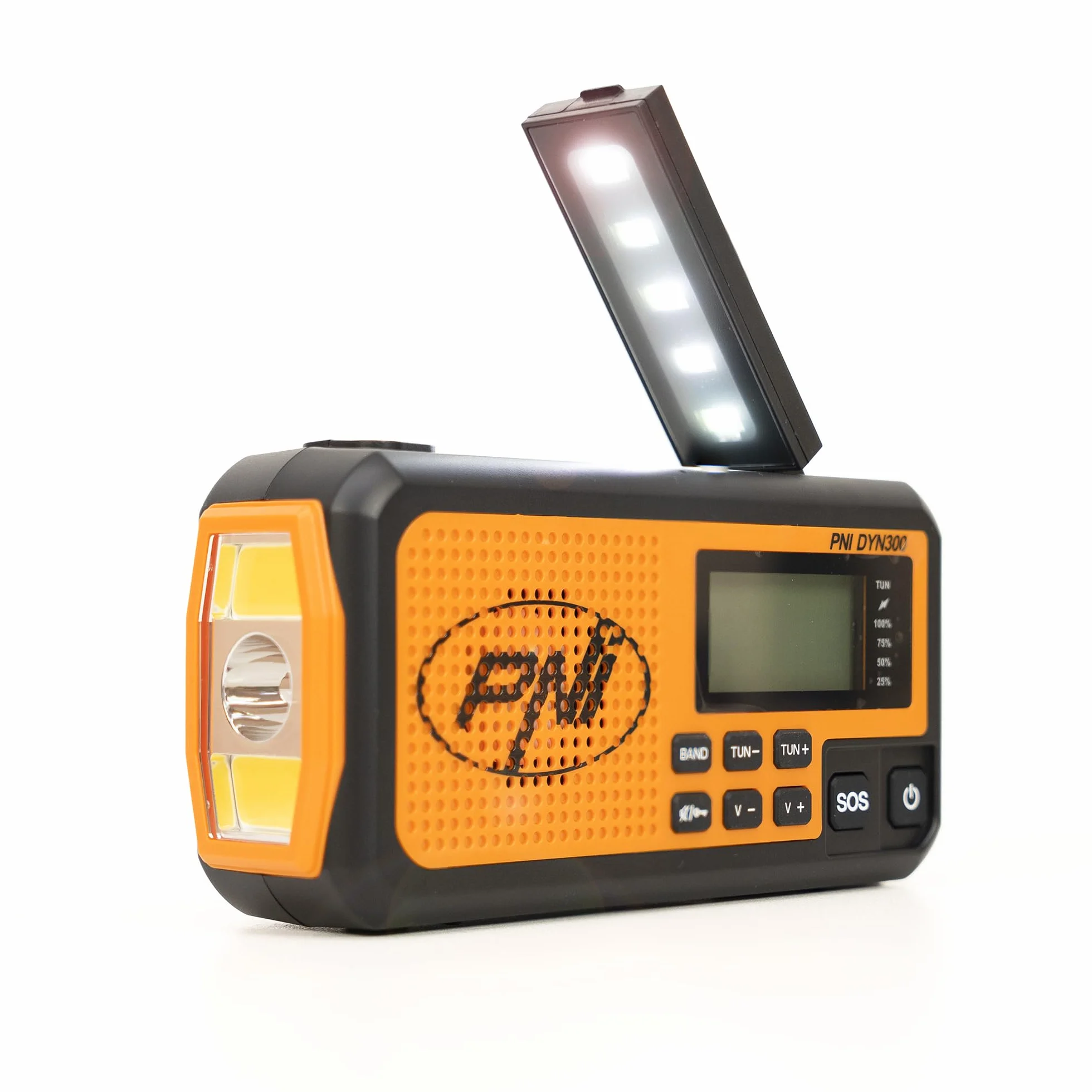 PNI DYN300 przenośne radio z dynamo, ładowanie słoneczne, latarka, power bank 4000 mAh, SOS, IPX3, pomarańczowe