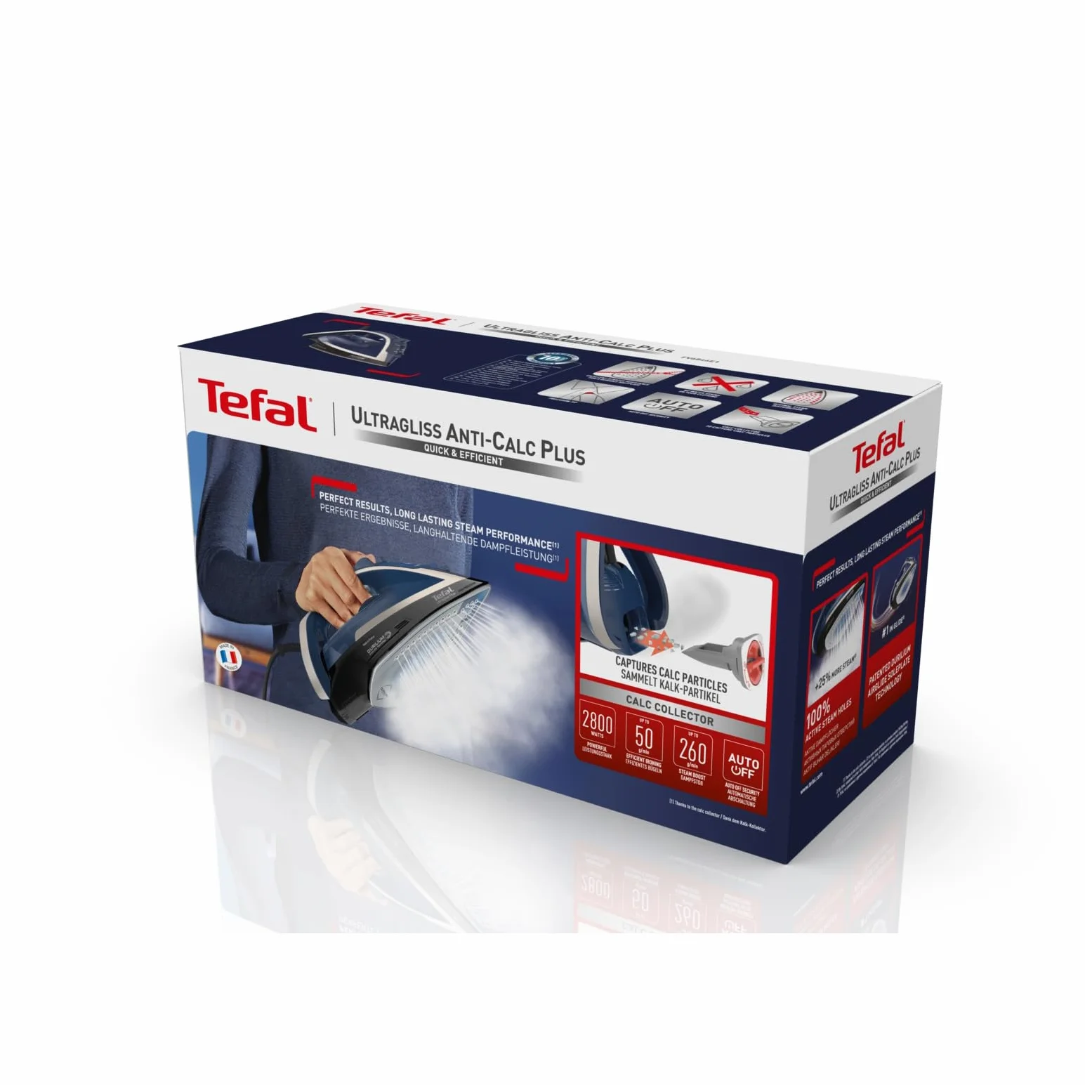 TEFAL FV6846E1 Ultragliss Plus antywapienne żelazko parowe /2800 W/zdejmowany kolektor wapienny /50 g/min ciągłe uwalnianie pary/uderzenie pary 260 g/min/automatyczne wyłączanie/niebieskie