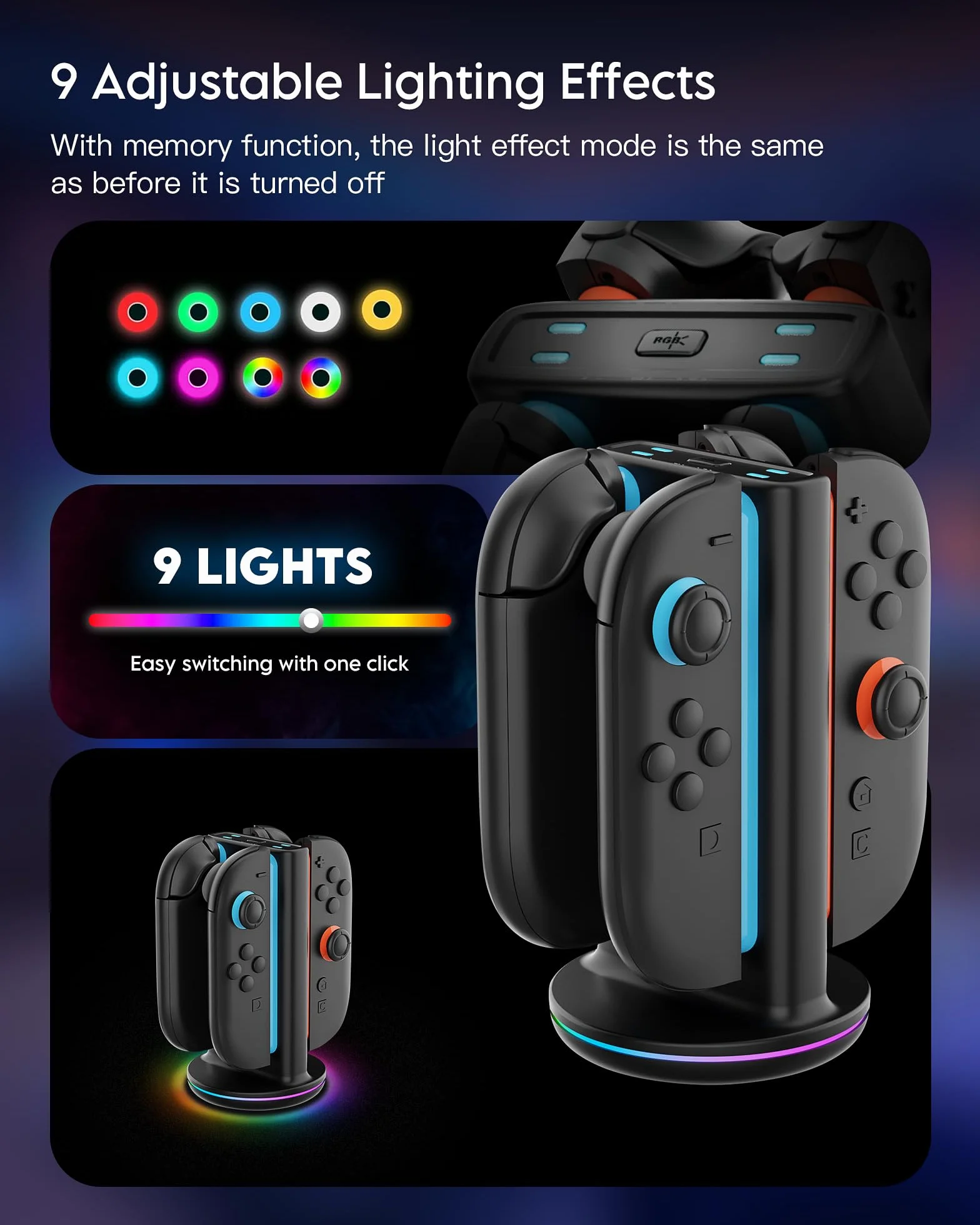 RunSnail Charging Dock Kompatybilny z Switch 2 Joycon, Switch 2 Joy Con Controller Charger Station ze Światłem RGB, Magnetic Plug-in JoyCon Charging Dock z Kablem Ładującym
