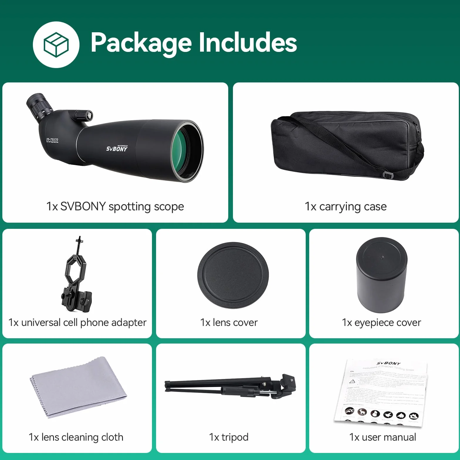 SVBONY SV28 25-75x70 Spotting Scopes, HD Spotting Scope with Tripod, Long Range Spotter Scope with Phone Adapter for Bird Watching, Target Shooting