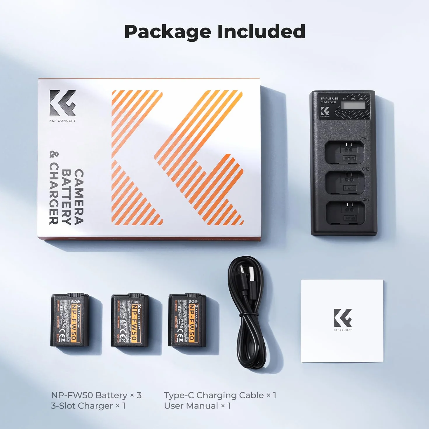 K&F CONCEPT Bateria NP-FW50 1100 mAh (zestaw 3 sztuk) i zestaw ładowarek LCD z trzema gniazdami do Sony ZV-E10, Alpha A6000, A6300, A6400, A6500, A5000, A5100, a7, a7II, a7R, a7RII, a7S, a7SII