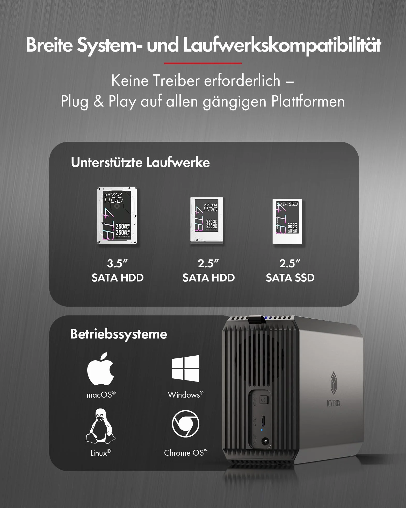 ICY Box (RAID system do 2 × 2,5"/3,5" HDD/SSD) USB 3.2 Gen 1 Type-C 5 Gbit/s, RAID 0/1/SINGLE/LARGE, zintegrowany wentylator 50 mm, wskaźnik stanu LED, IB-RD3720-CU3