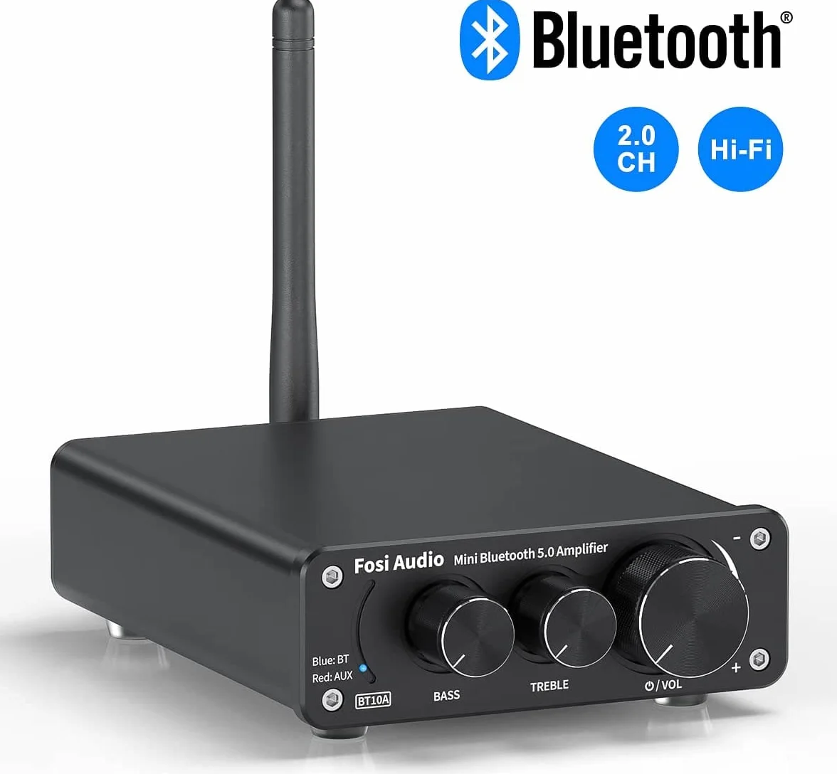 Fosi Audio BT10A Wzmacniacz Audio Bluetooth 5.0, 2-Kanałowy Wzmacniacz Stereo HiFi z Chipem TPA3116, Wzmacniacz Mocy HiFi Klasy D o Mocy 50W x2 z Regulacją Tonów Niskich i Wysokich do Kina Domowego