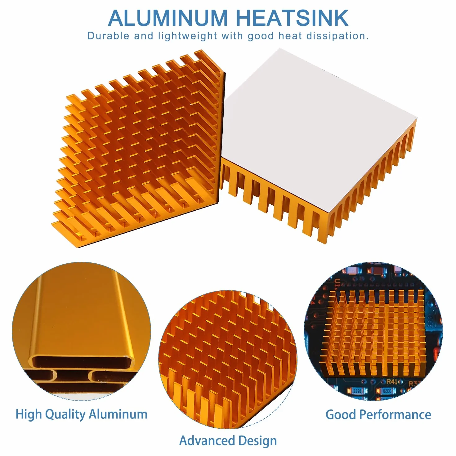 VooGenzek 4 Szt. Aluminiowy Radiator Chłodzący, Radiator Przewodzącym Ciepło, Aluminiowy Moduł Radiatora, z Termoprzewodzącą Taśmą Klejącą, dla Komponentów Elektronicznych, 40 * 40 * 11 mm, Złoty